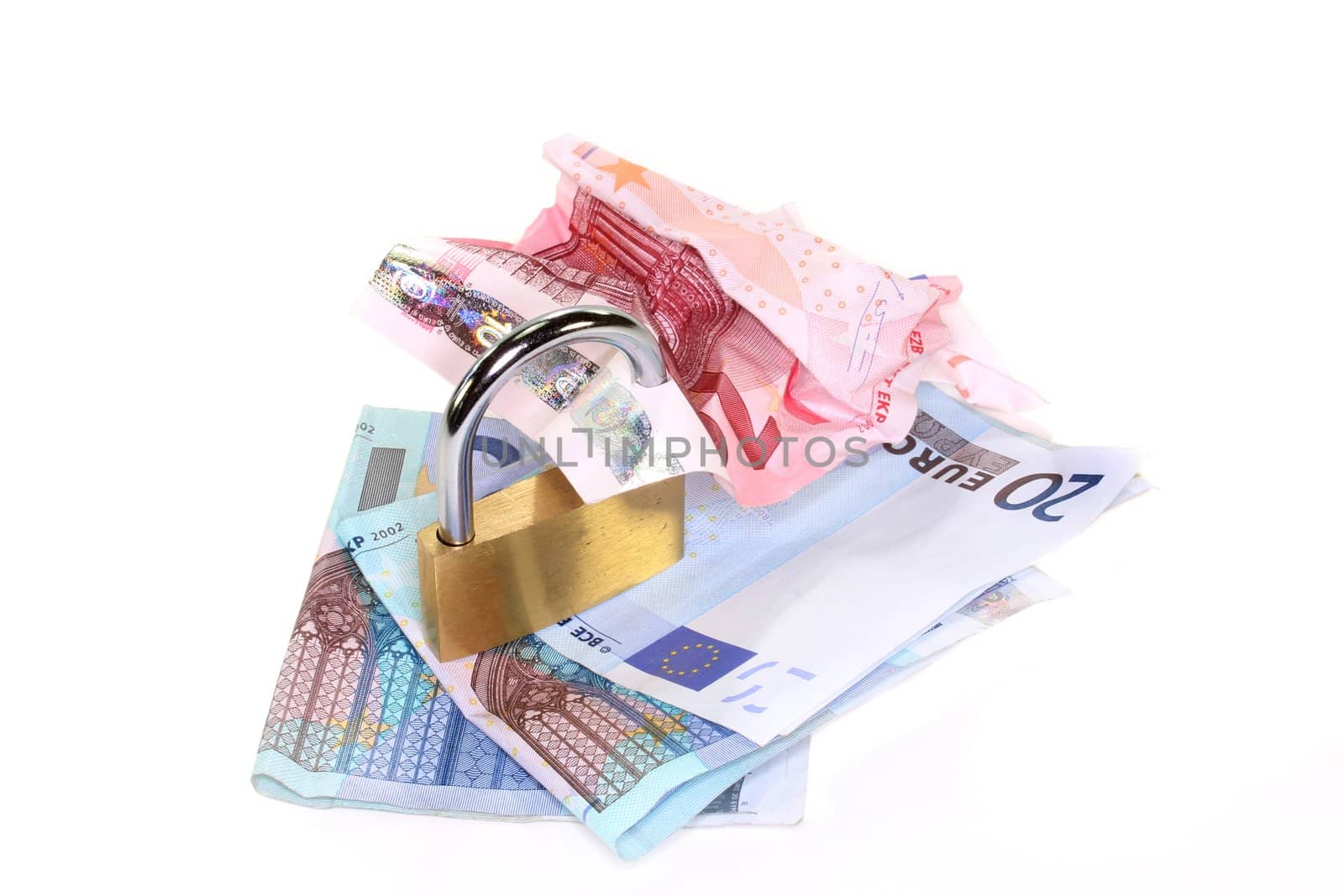 Padlock and euros on a white background