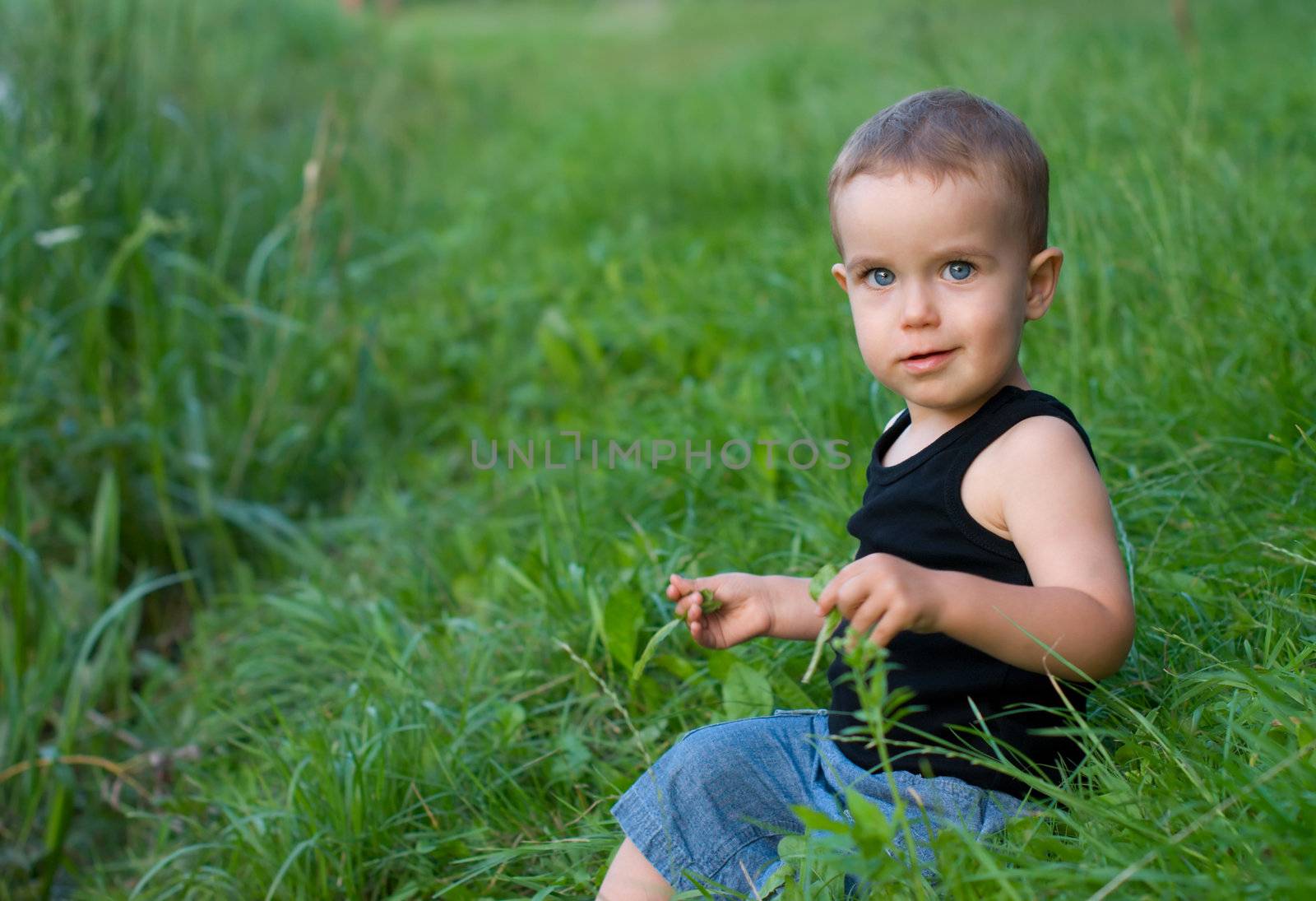 Boy sitting in a green grass