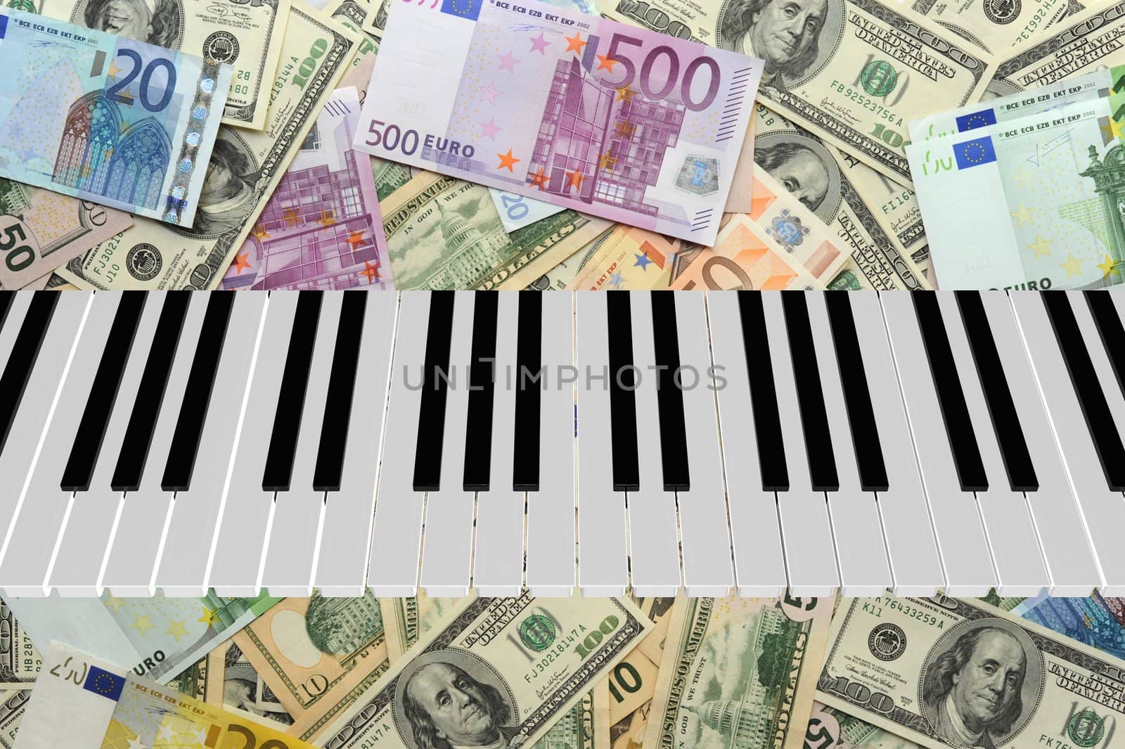 Piano Keyboard  On Dollar And Euro Bills Background. 3d Render.
 