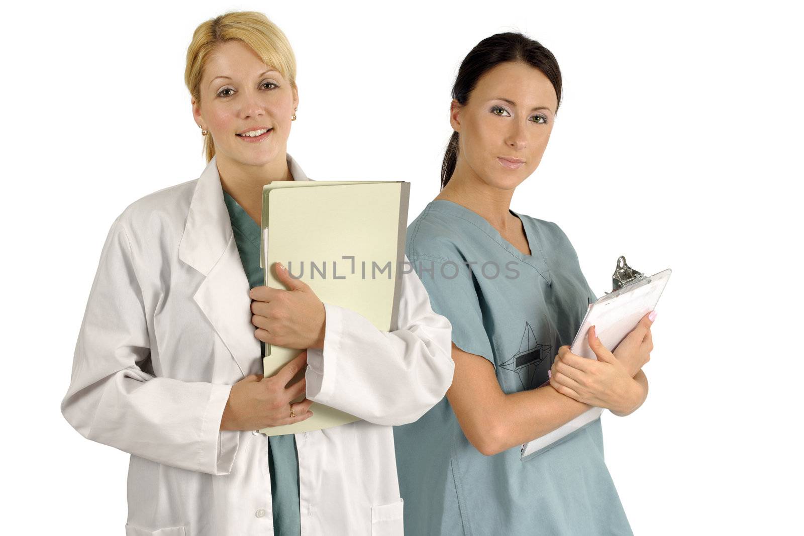 Two medical professionals standing together.  Could be doctors, nurses, dental practitioners or beauty consultants.
