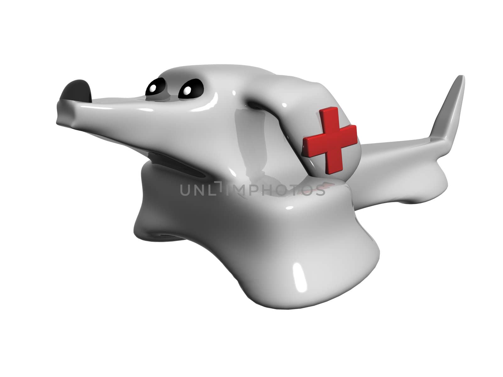 Porcelain dog the rescuer with a red cross on
an ear.
