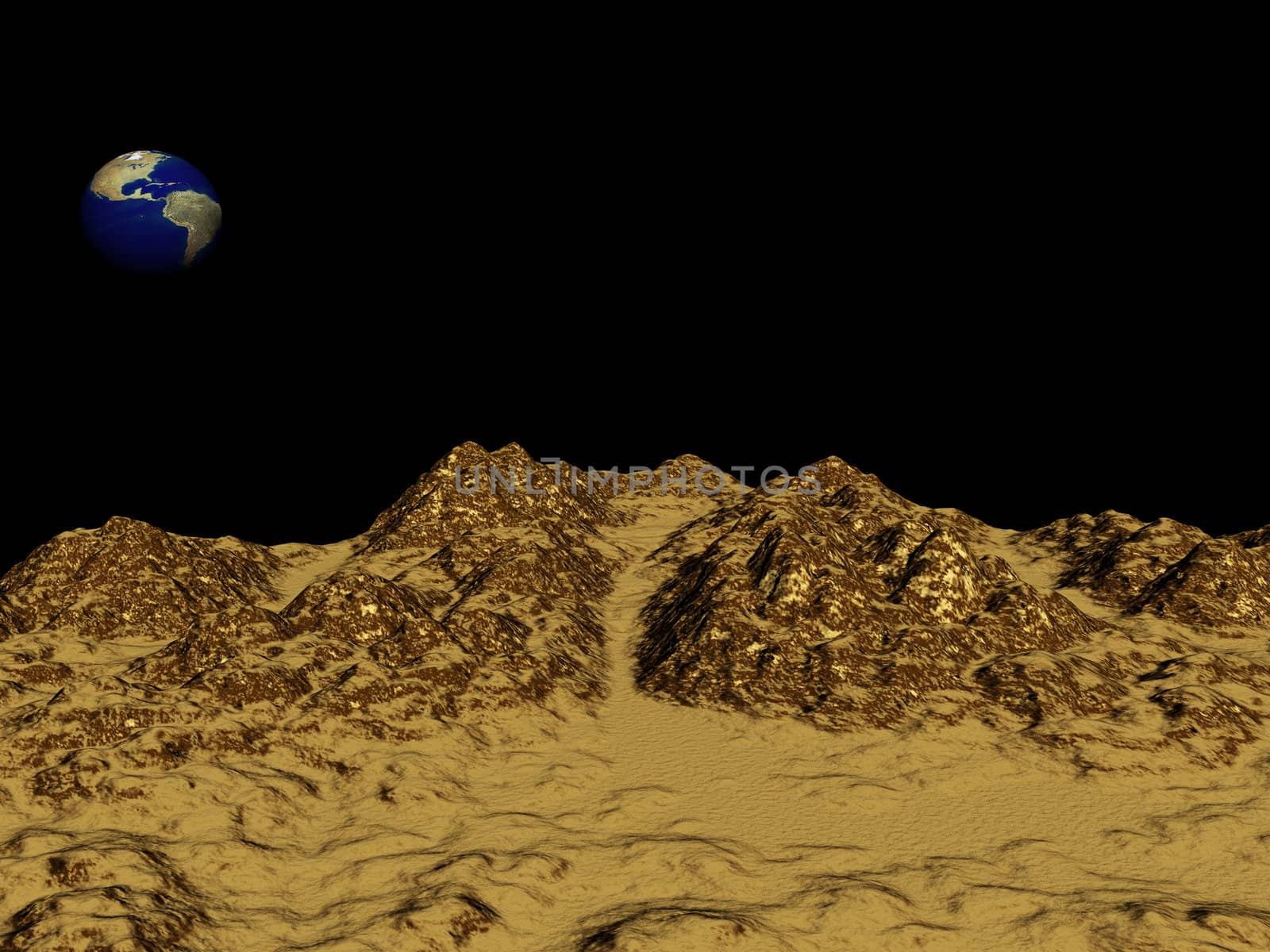 Sandy wild landscape and cloudy globe.
3d rendering.