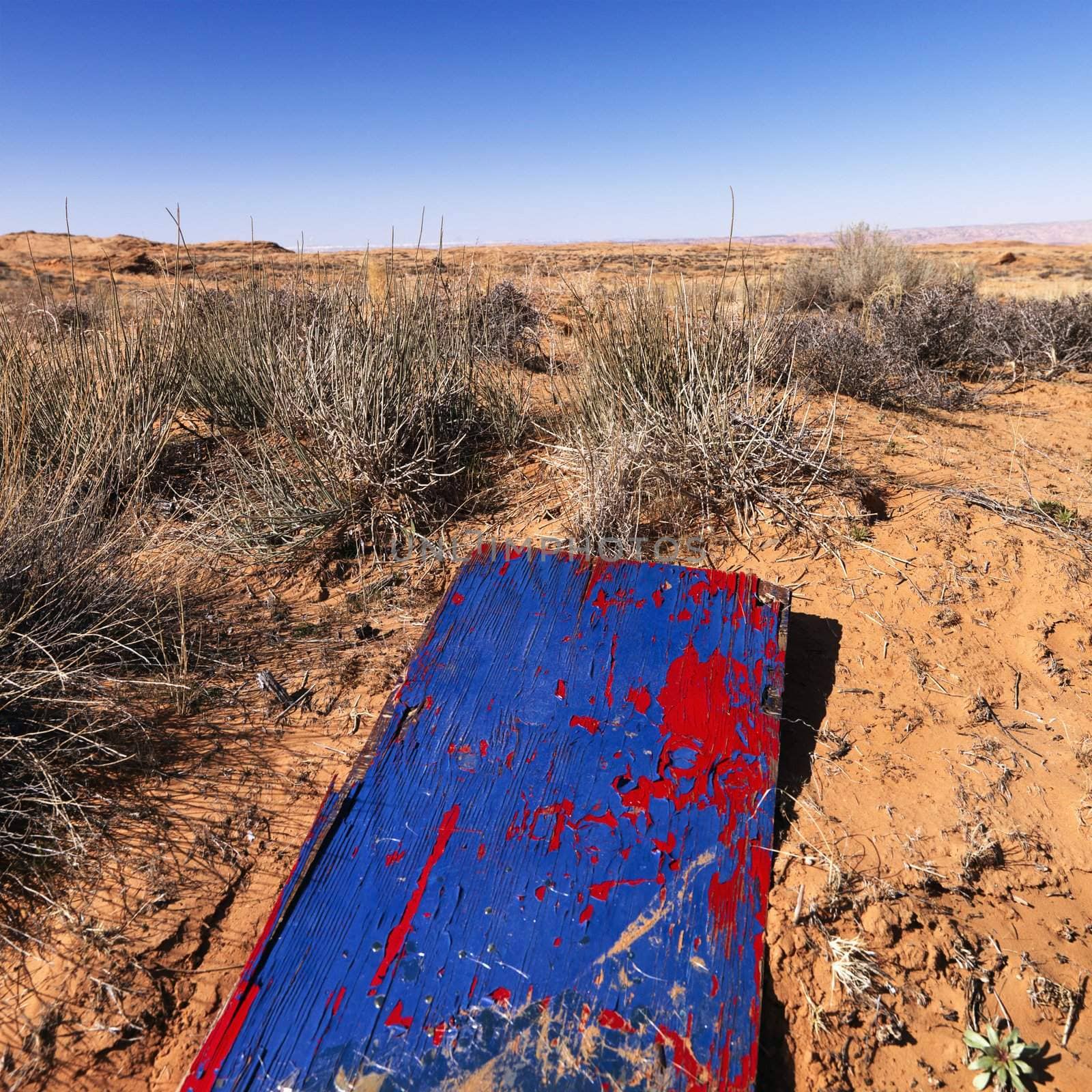 Landscape of Arizona desert with peeling wooden plank in foreground.