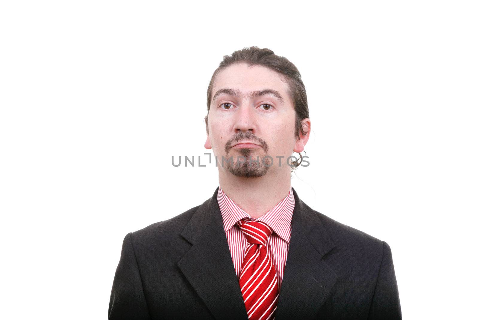 bored young business man standing on white background