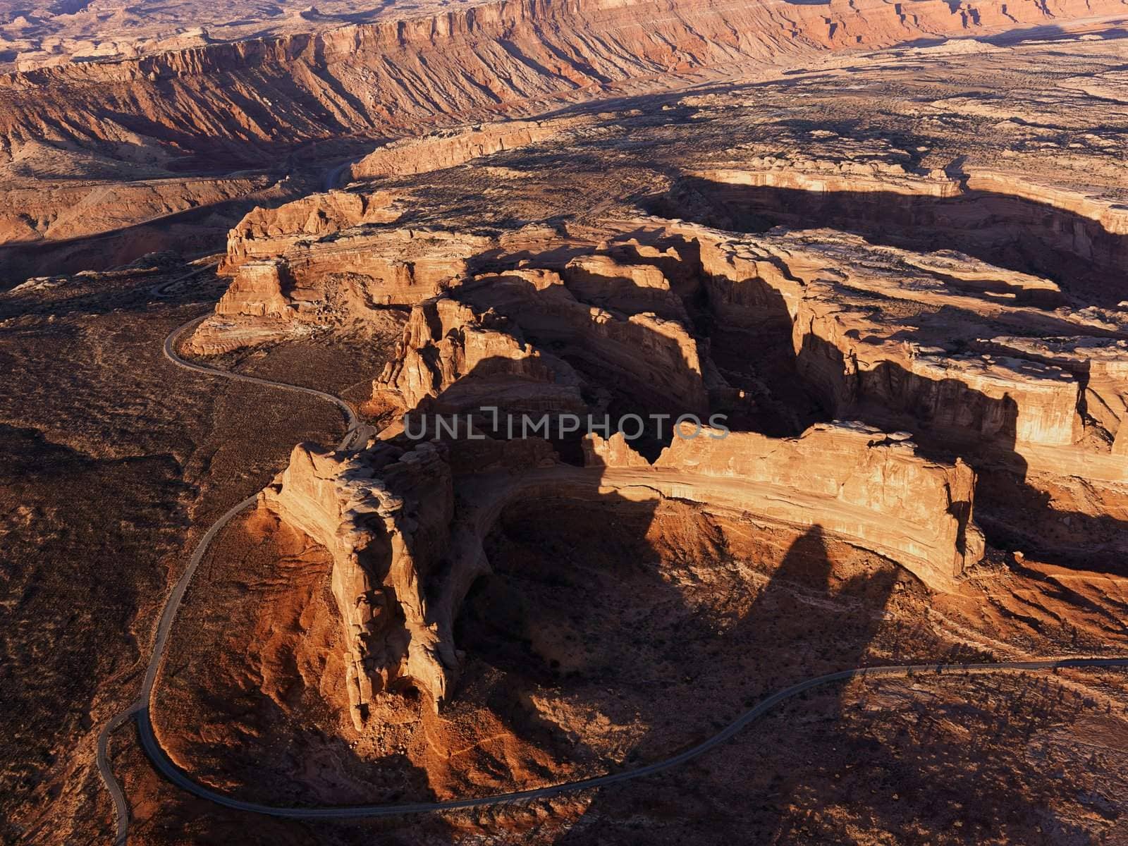 Aerial landscape of rock formations in Canyonlands National Park, Utah, United States.