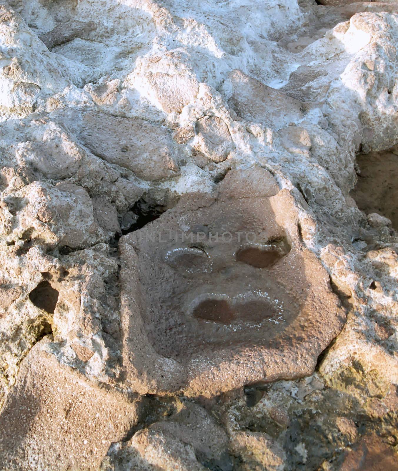 Stone face with sea salted mouth and eyes
