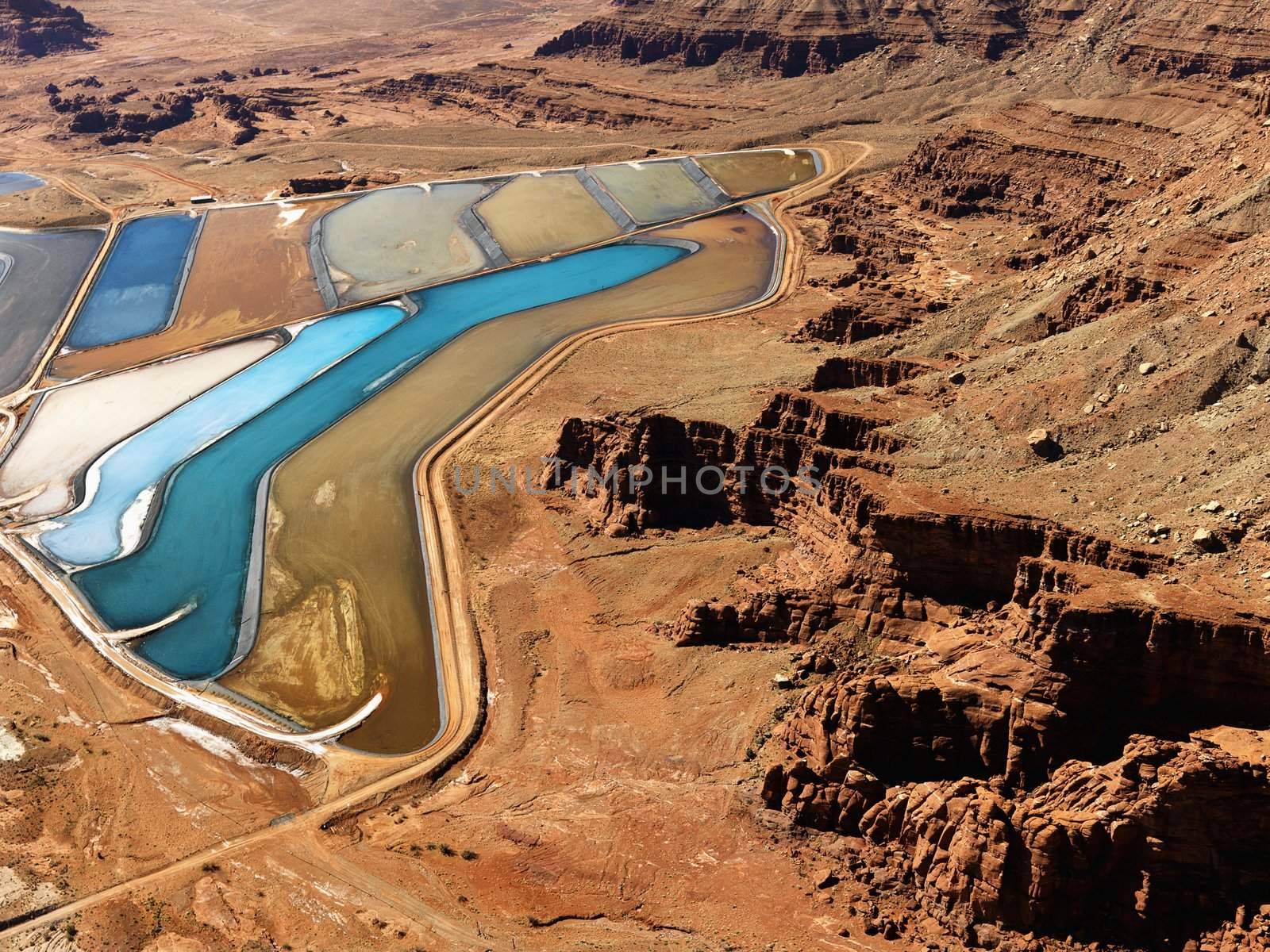 Aerial landscape of tailing ponds for mineral waste in rural Utah, United States.