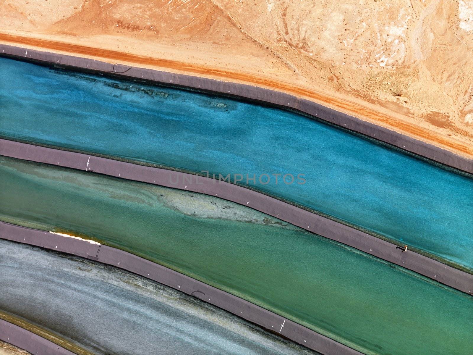 Aerial detail of tailing ponds for mineral waste in rural Utah, United States.