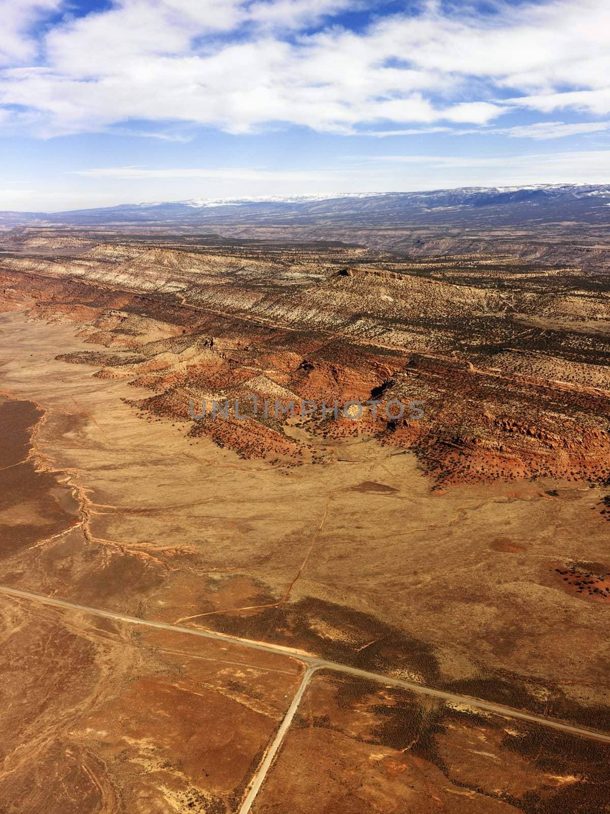 Aerial landscape of desert plains in rural Utah, United States.