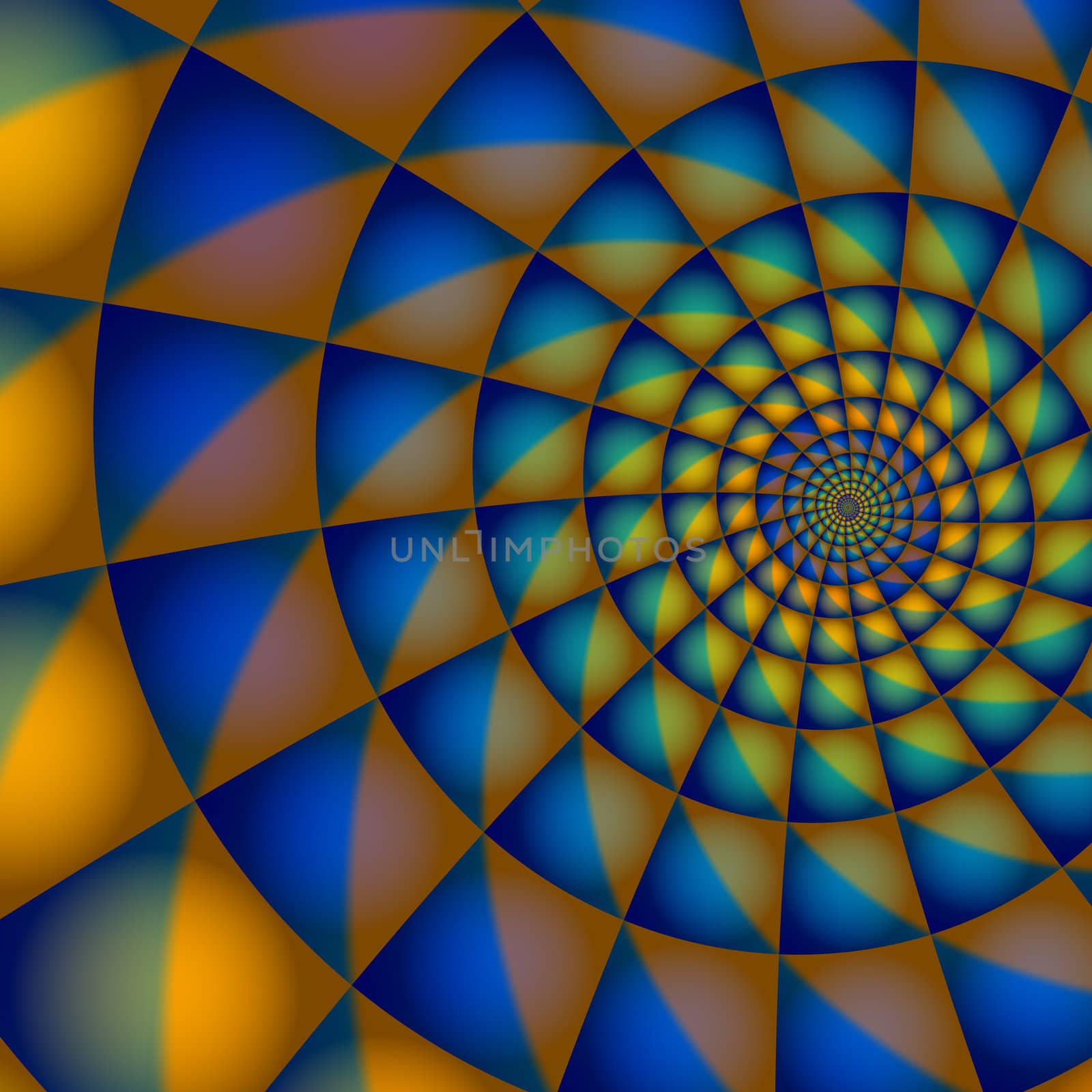 An abstract illustration in a spiral pattern done in shades of blue and orange.
