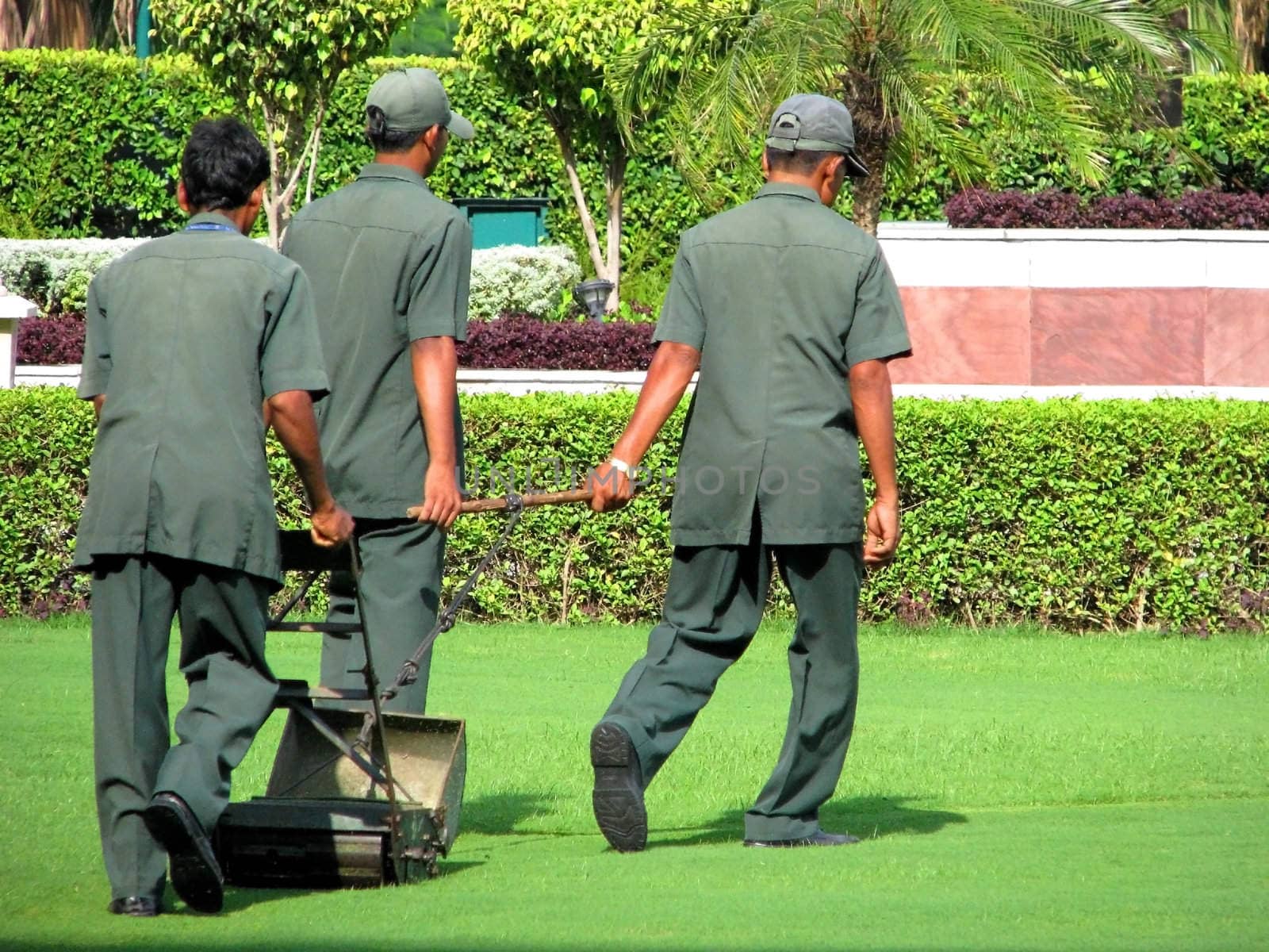 NEW DELHI - SEPT 8: On September 8, 2007 in New Delhi, India three men going green with a push / pull manual mower to avoid carbon emissions.