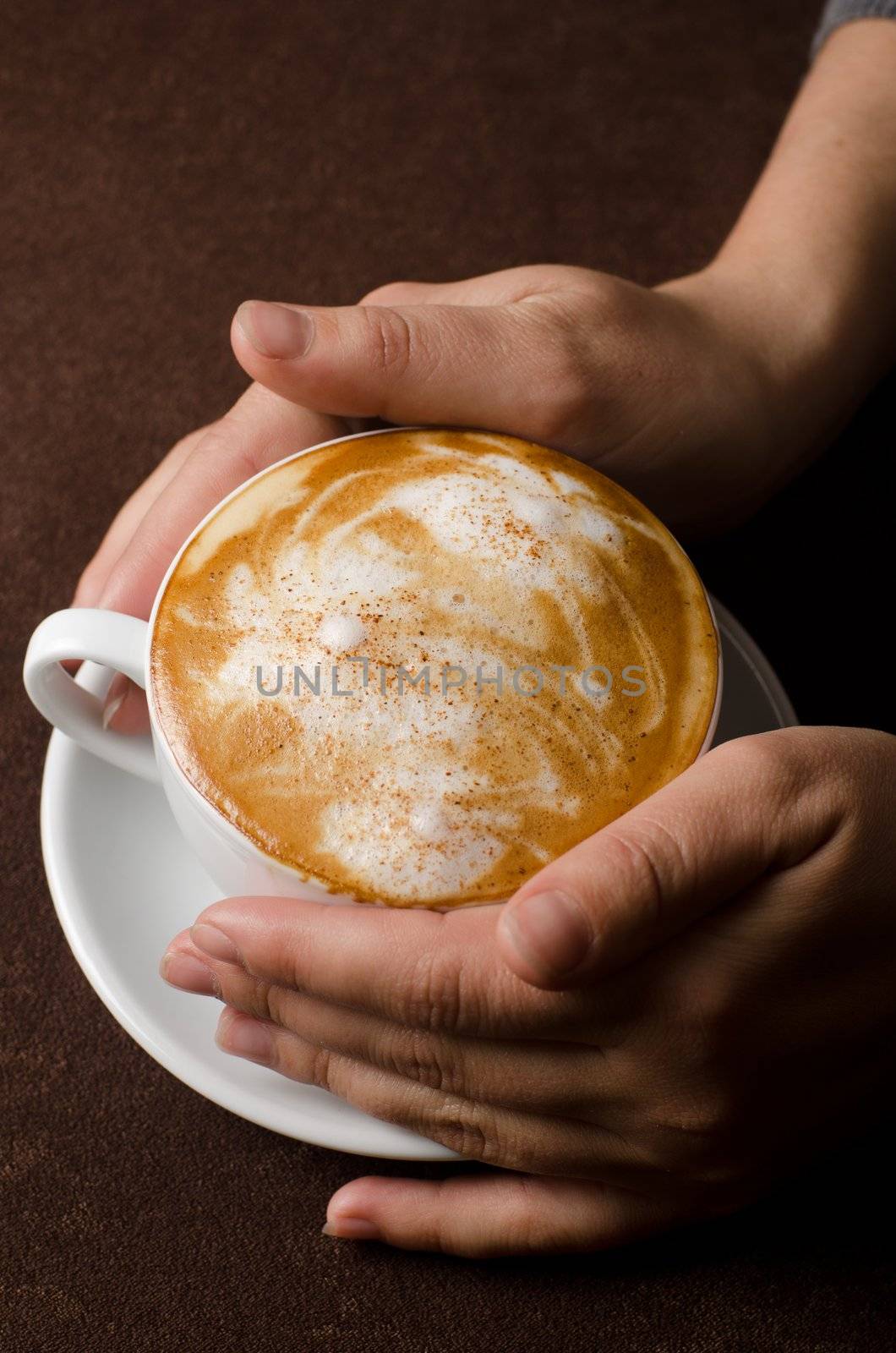 Closeup of female hands holding cup of Cappuccino