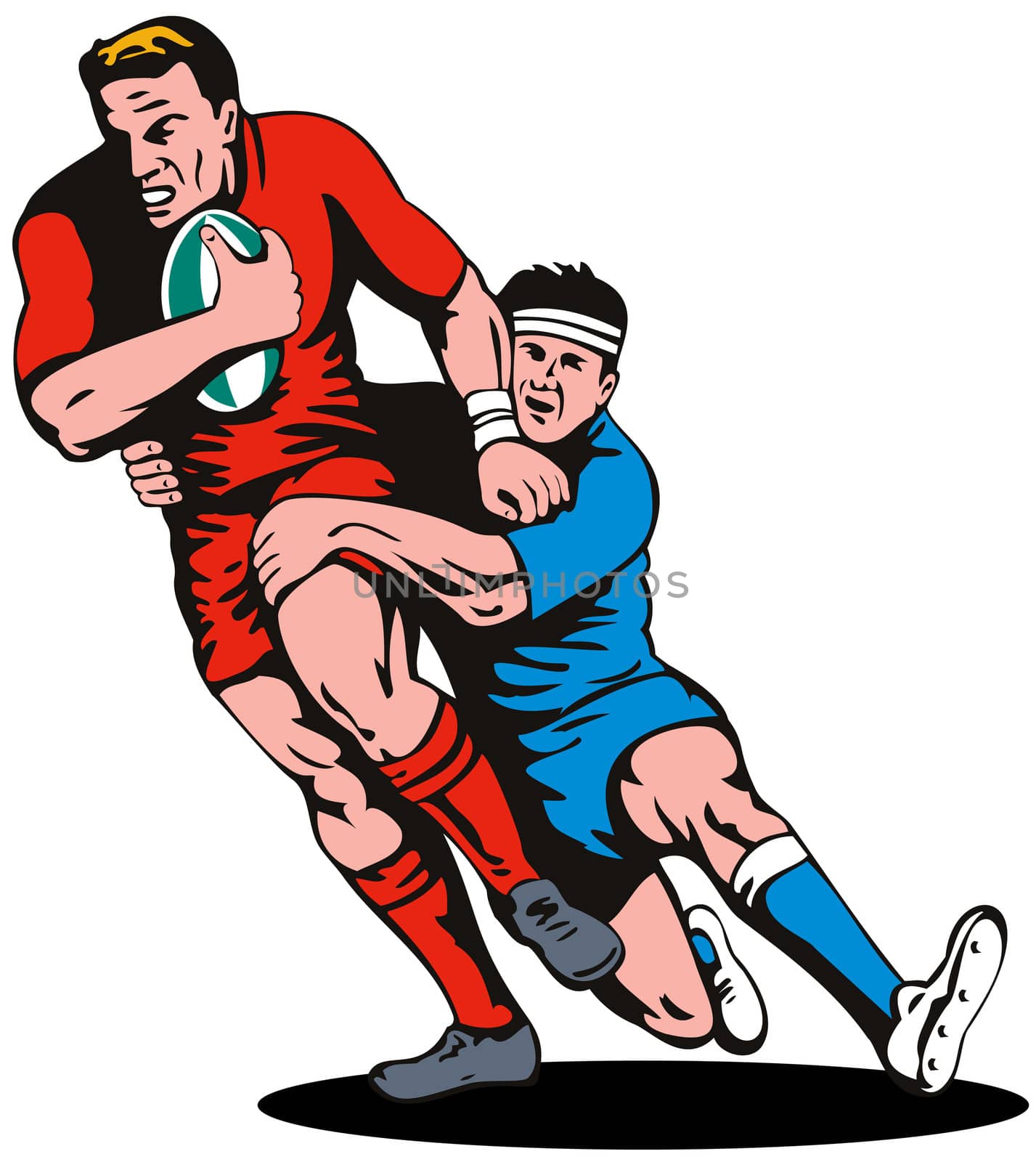 illustration of a rugby player running passing the ball being tackled on isolated background 