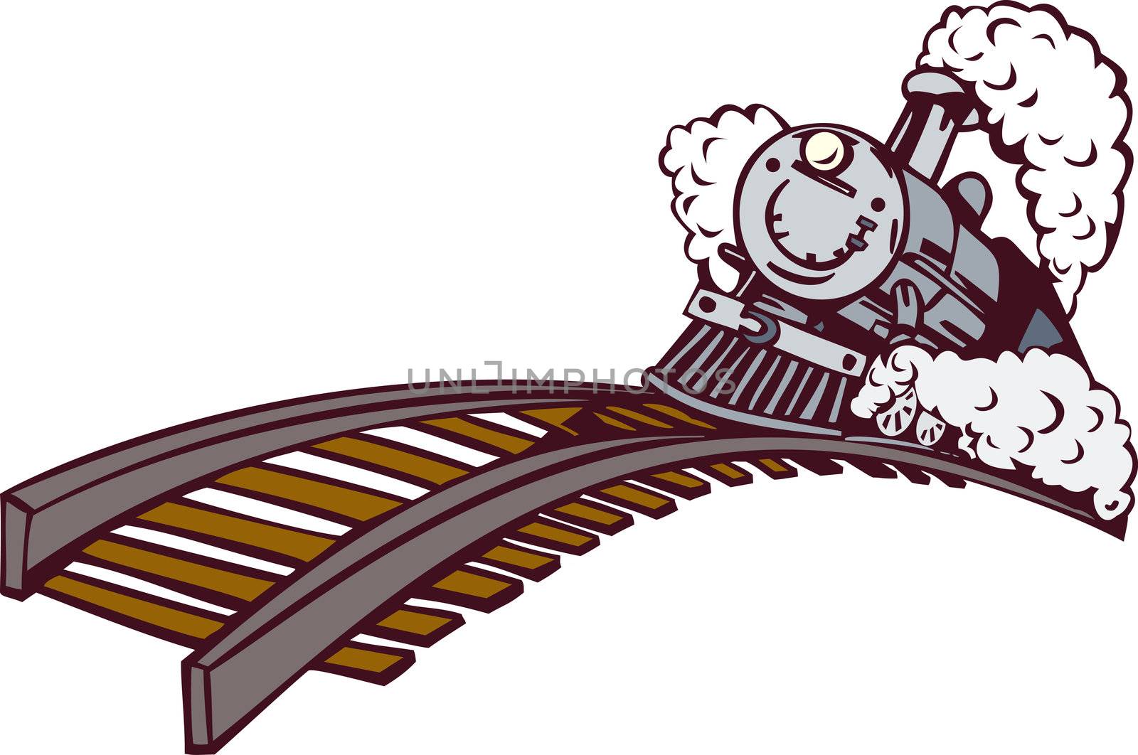 illustration of a steam train locomotive coming up on railroad done in retro style on isolated background