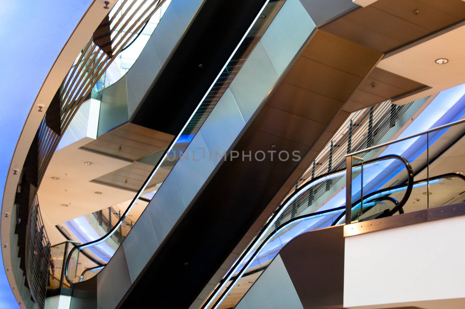 escalator in a modern multilevel shopping mall
