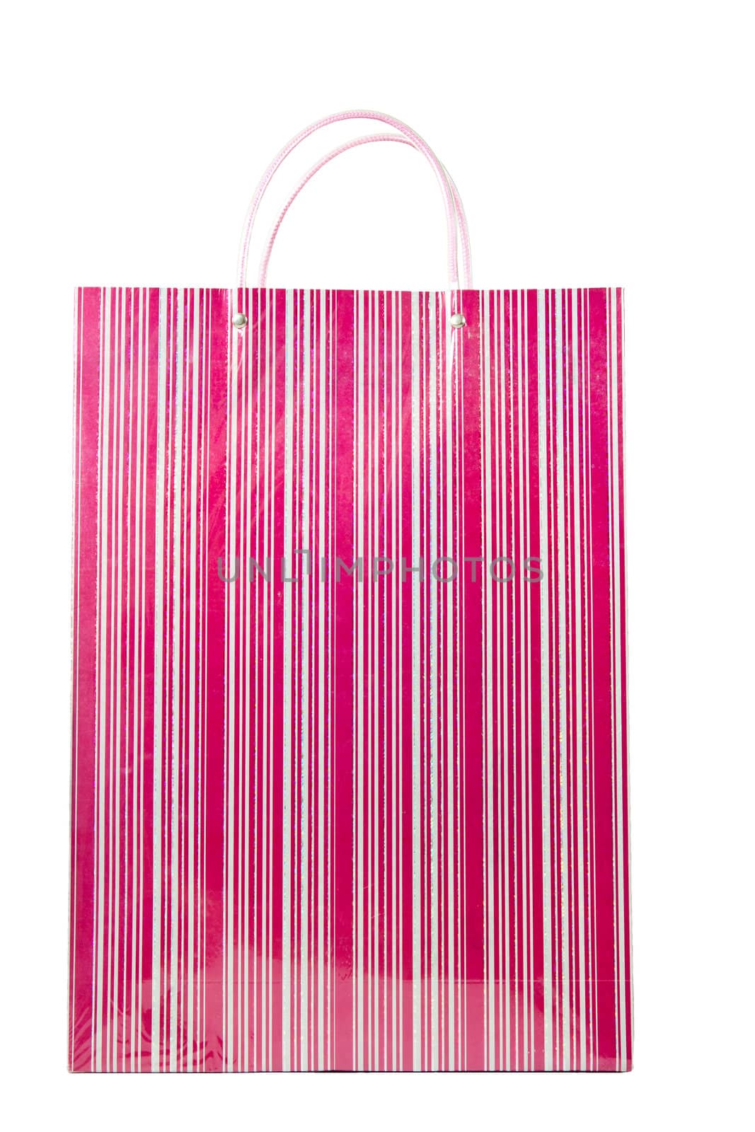 A fancy red striped shopping bag isolated over white.