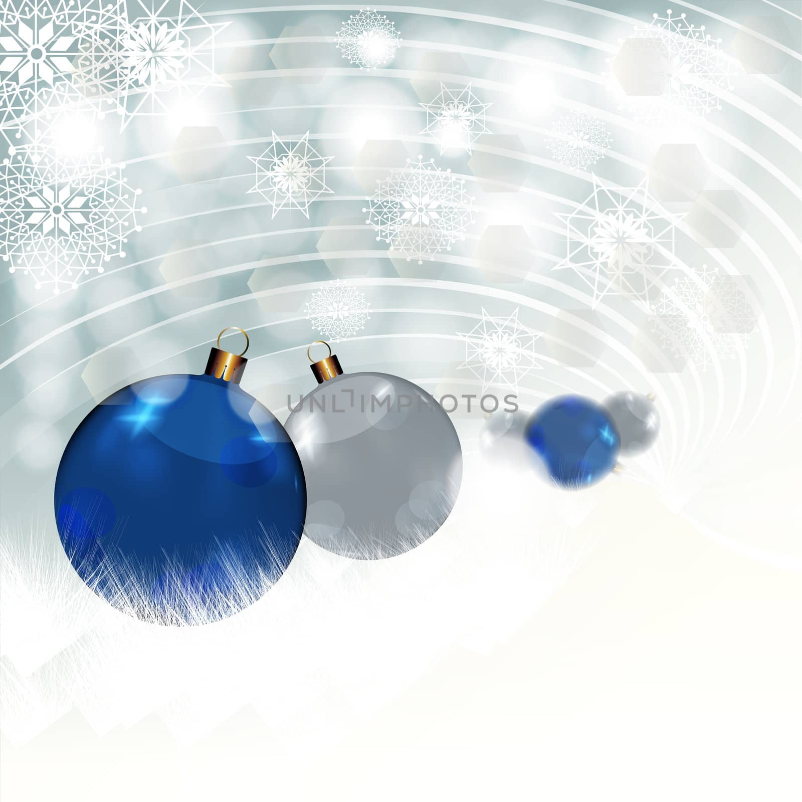 Blue and silver baubles in snow by milinz