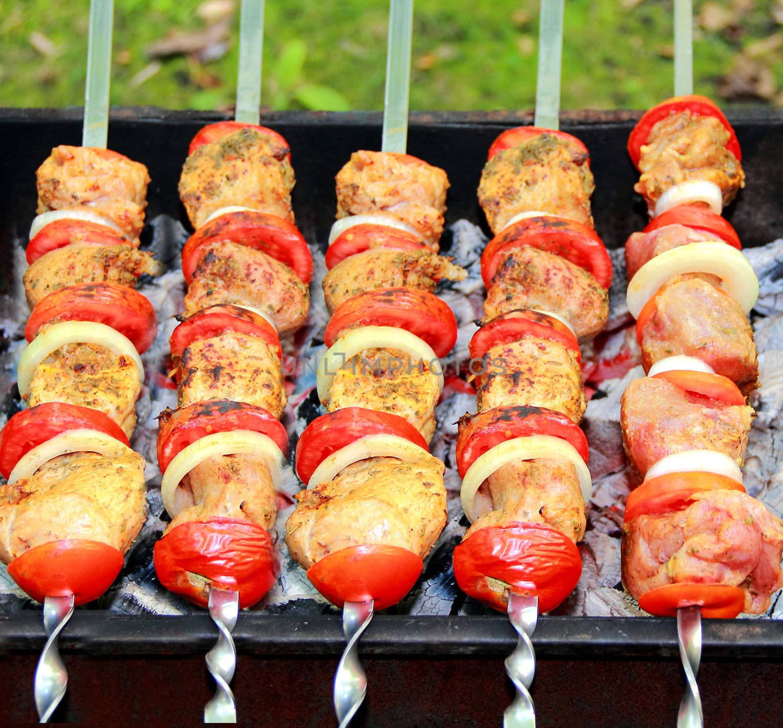 Image with fried meat, tomato and onion