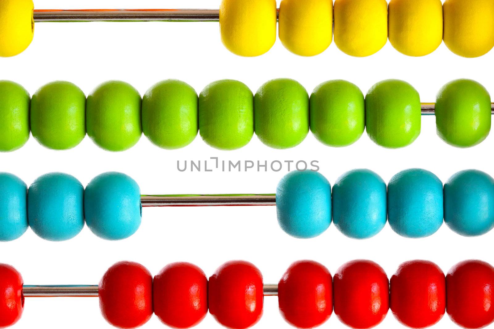 Closeup of bright  abacus beads on white by Sandralise