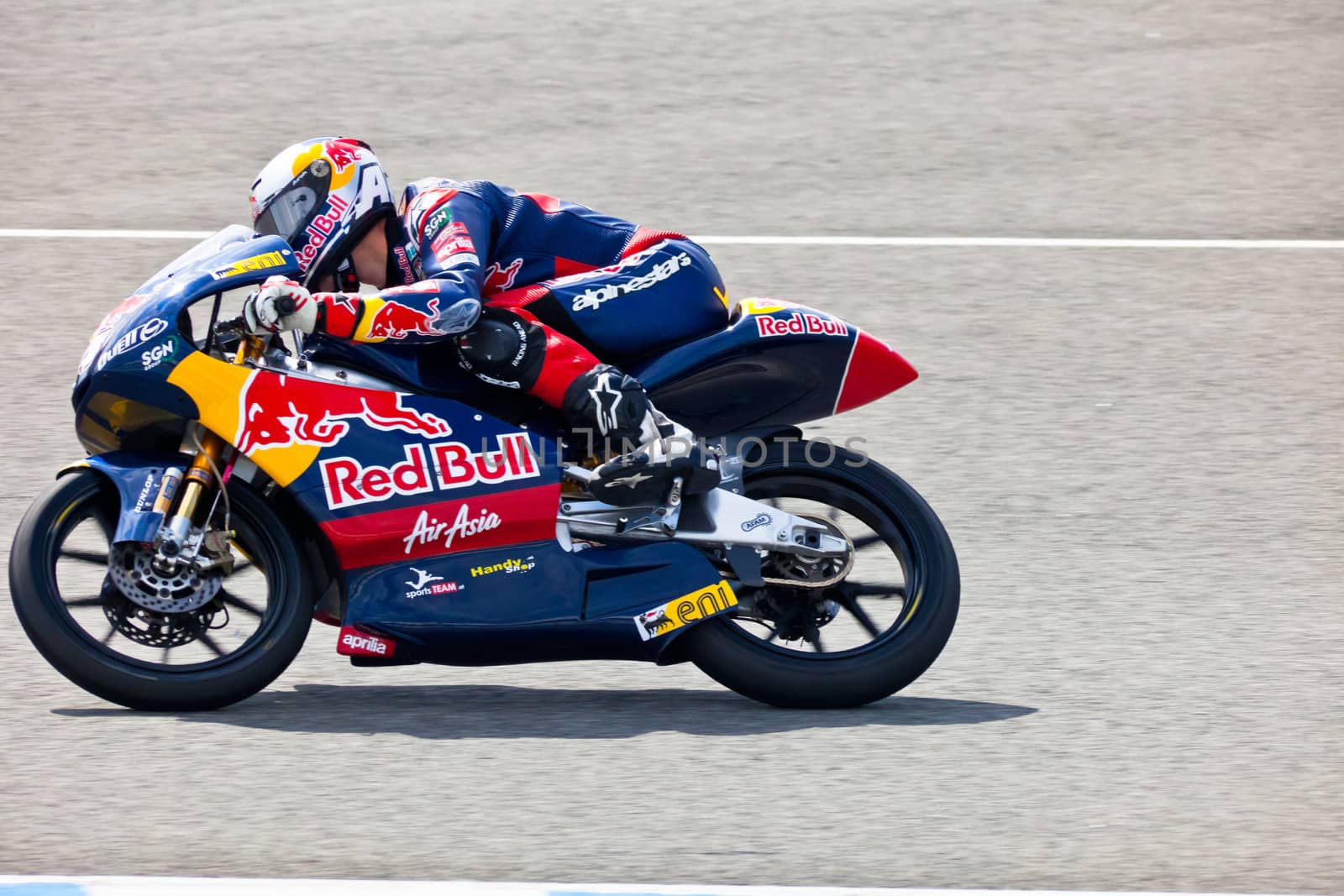 JEREZ DE LA FRONTERA, SPAIN - MAR 5:125cc pilot Jonas Folger races on the official training of the world championship of MotoGP on Mar 5, 2011, in Jerez de la Frontera, Spain