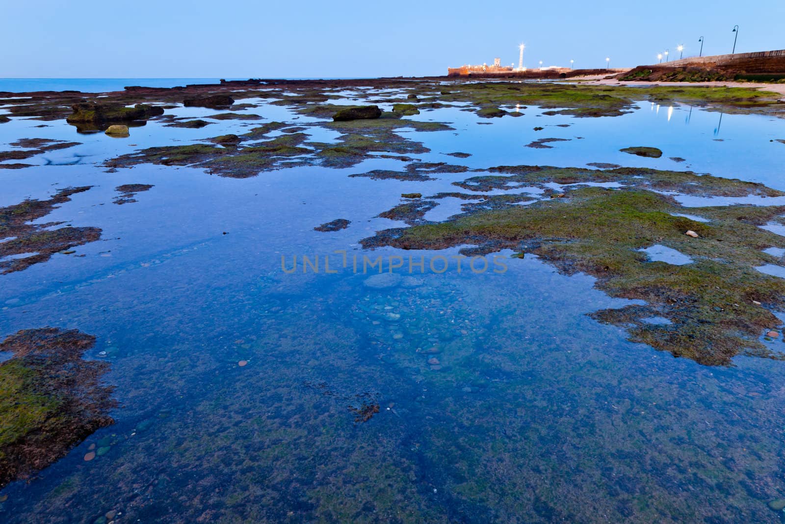 Landscape of the beach of La Caleta on  the province of Cadiz on Spain, about to dawn