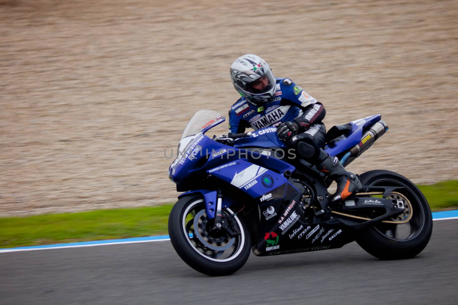 JEREZ DE LA FRONTERA, SPAIN - NOV 20: Stock Extreme motorcyclist Jorge Arroyo takes a curve in the CEV championship on Nov 20, 2010, in Jerez de la Frontera, Spain