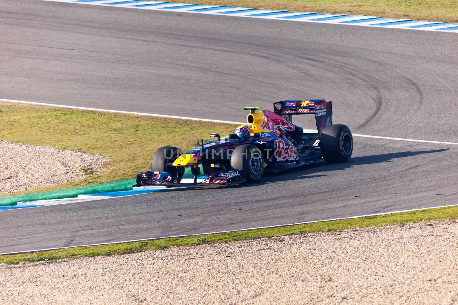 JEREZ DE LA FRONTERA, SPAIN - FEB 10: Mark Webber of Red
Bull Racing F1 takes a curve on training sesssion on  February 10 , 2011, in Jerez de la Frontera , Spain