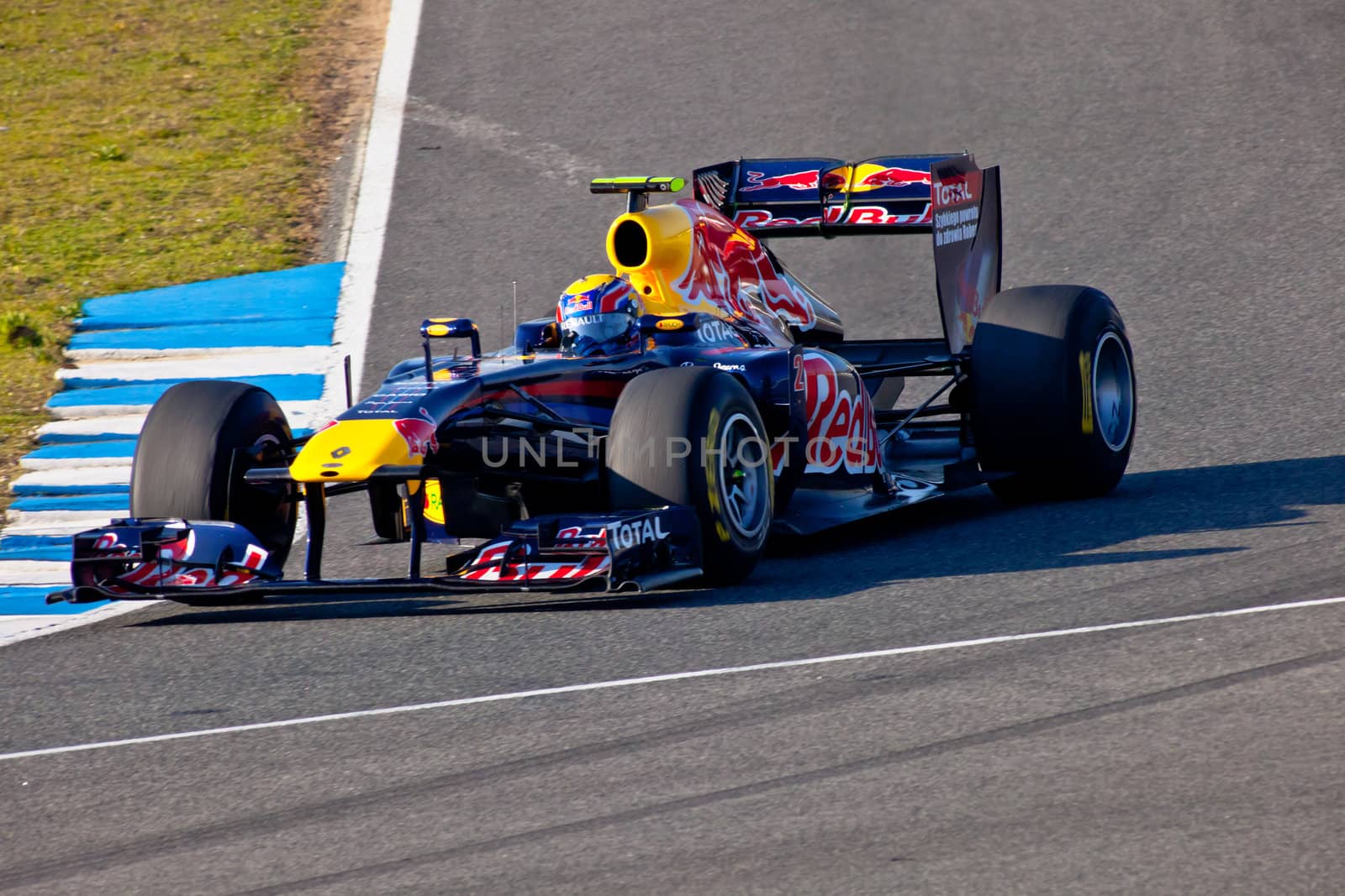JEREZ DE LA FRONTERA, SPAIN - FEB 11: Mark Webber of Red
Bull Racing F1 takes a curve on training session on February 11 , 2011, in Jerez de la Frontera , Spain