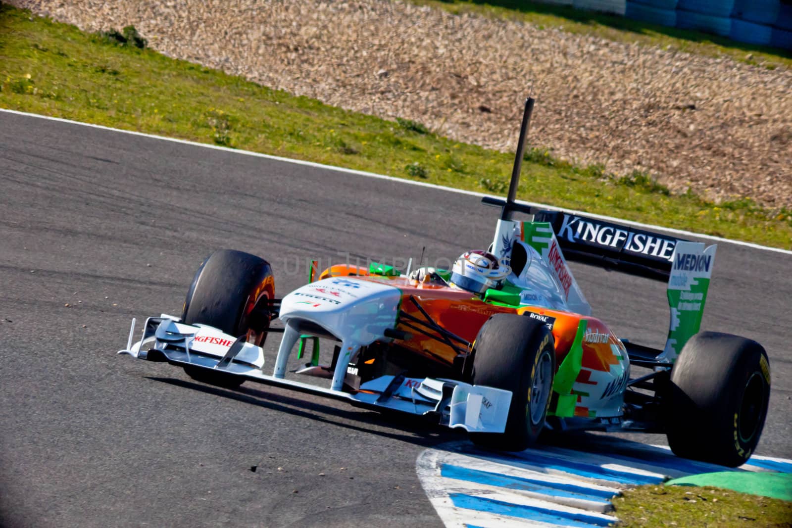 JEREZ DE LA FRONTERA, SPAIN - FEB 11: Adrian Sutil of Force
India F1 takes a curve on training session on February 11 , 2011, in Jerez de la Frontera , Spain