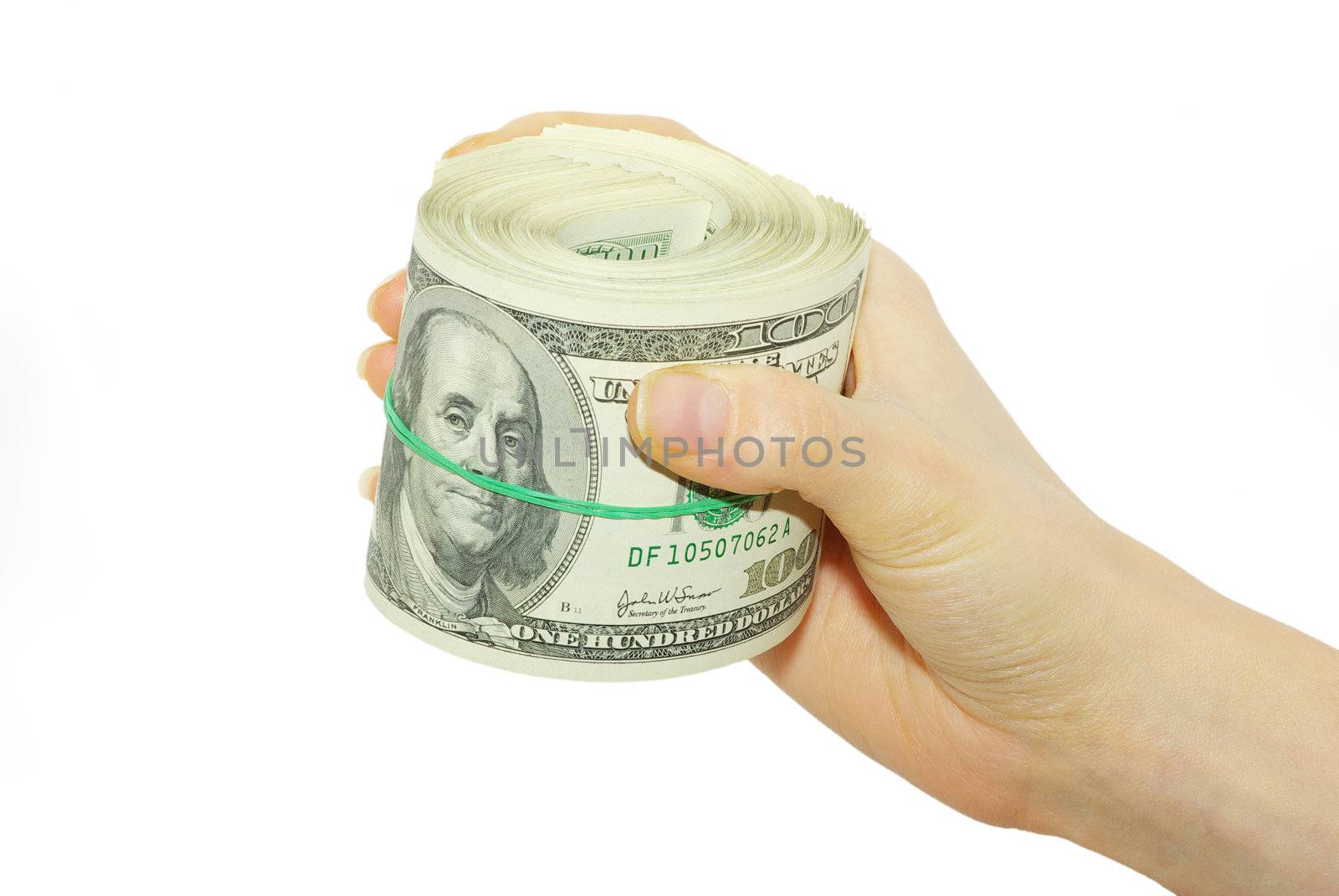 Hand with money isolated on white background