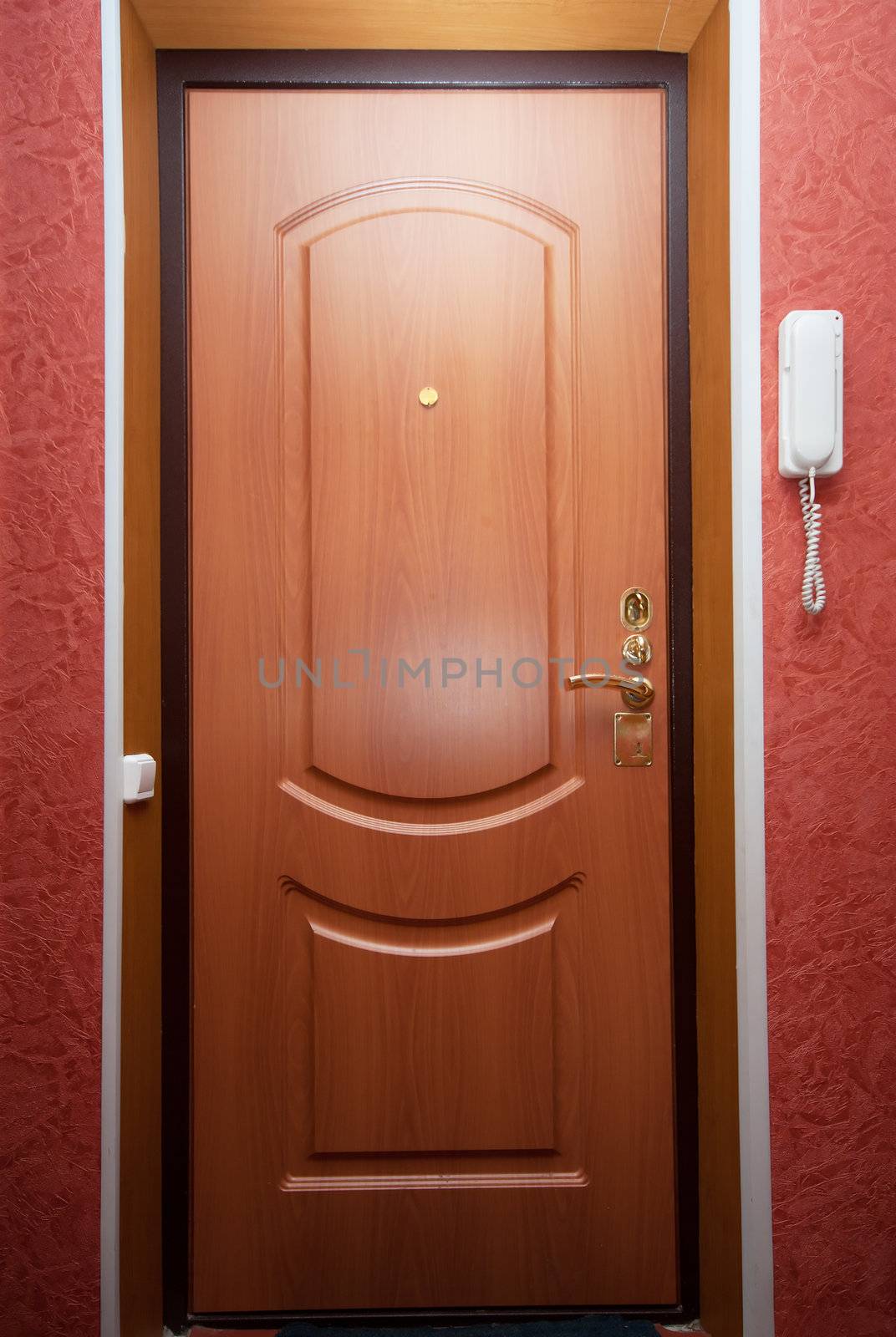 Closed entrance door and white phone on a wall