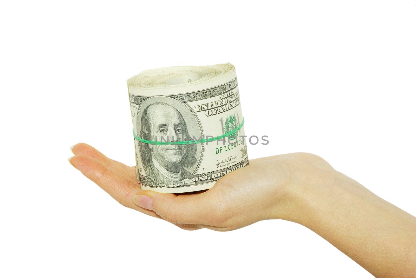 Hand with money isolated on white background