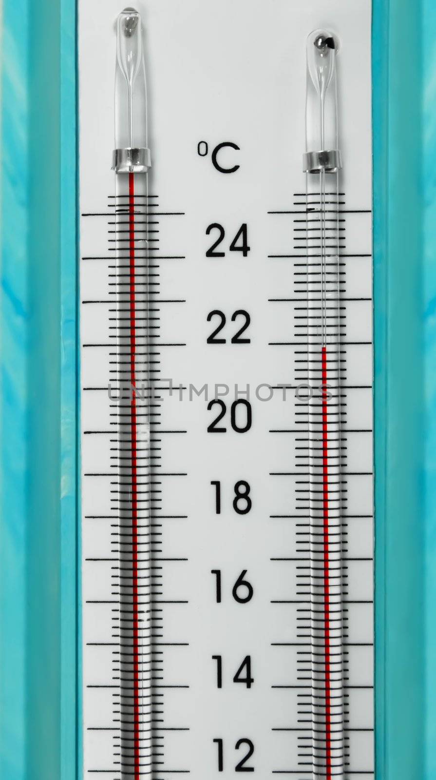 Glass hygrometer with different indications of wet and dry thermometers. Fragment of instrument