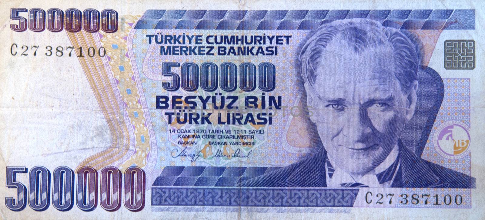 An Old Turkish 500000 Lira Banknote Circa 1993 isolated on black background