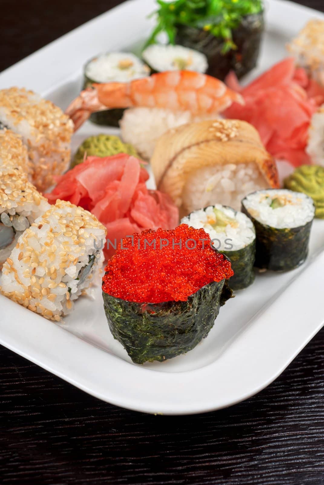 view of closeup japanese sushi set at plate