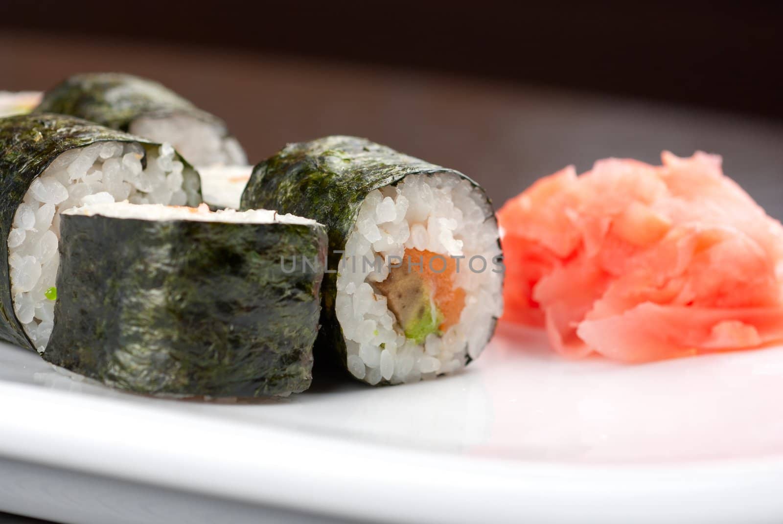 Hokkaido maki: sushi rool of avocado, nori, salmon