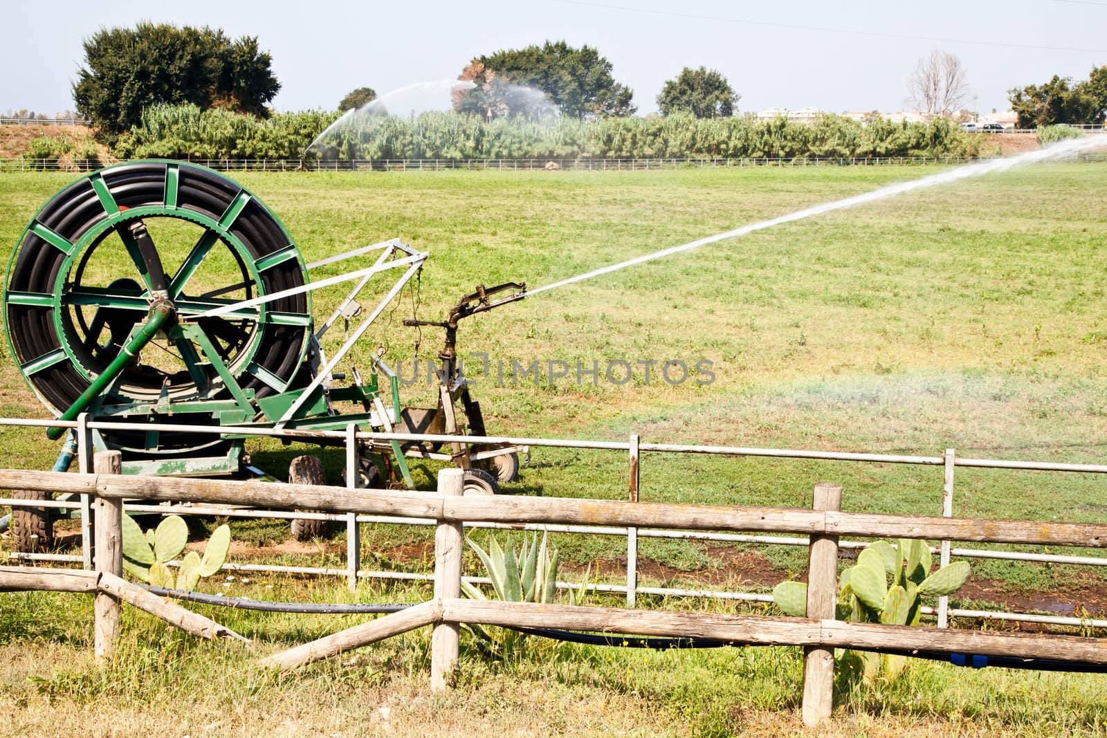 Irrigation operations in Italian country during a sunny day