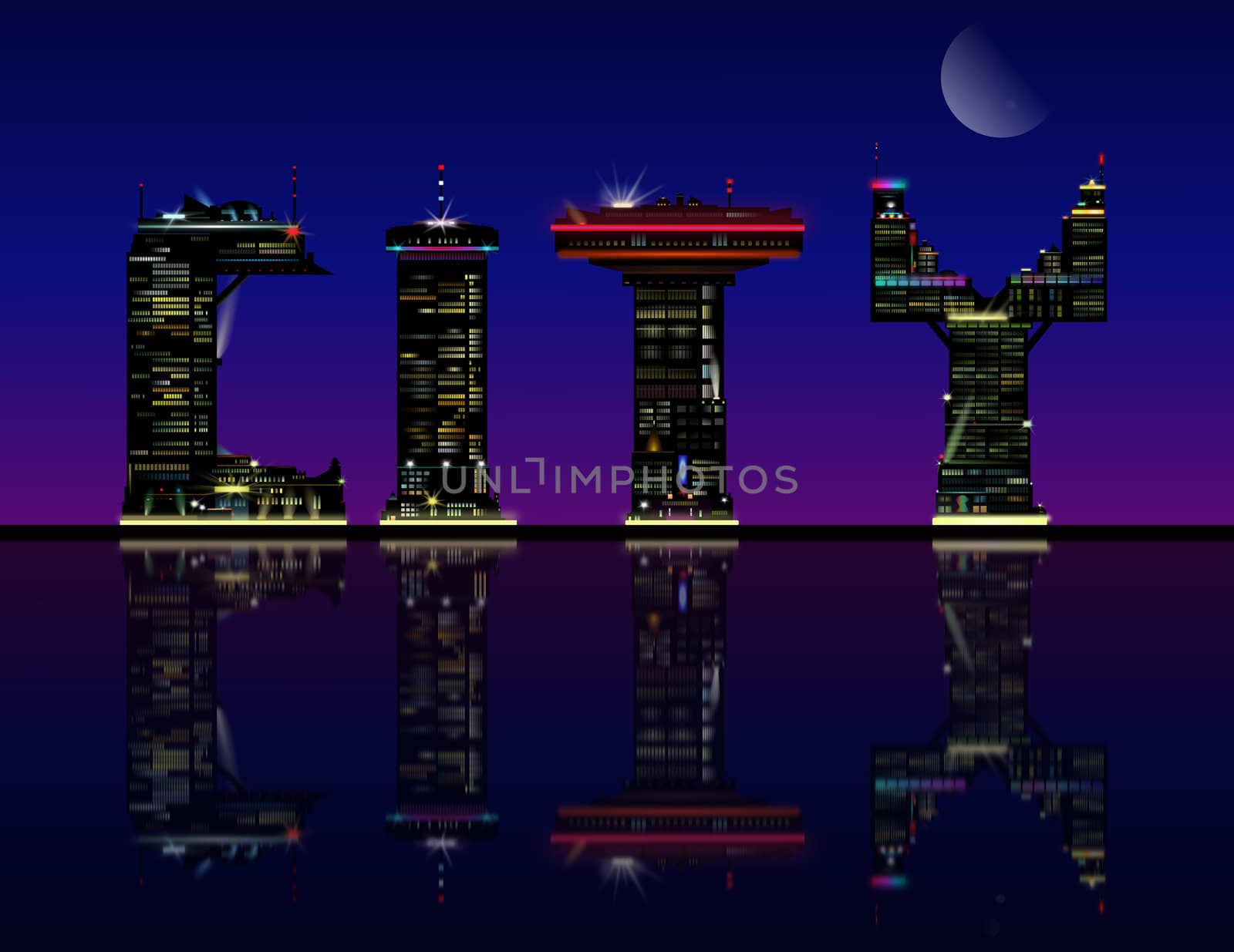 Illustration depicting a silhouetted city skyline in the shape of the word 'city' and reflecting into the foreground.