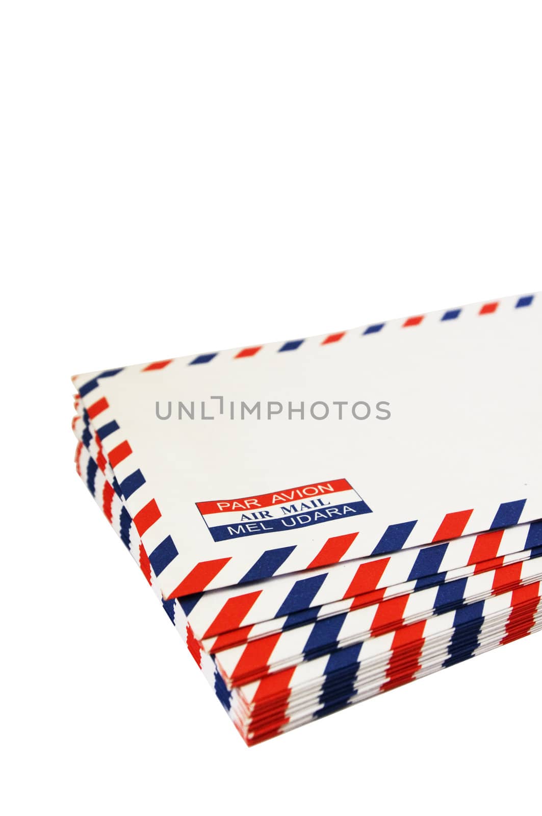 a stack of air mail, with focus on 'PAR AVION/AIR MAIL/MEL UDARA' label. clipping path is in jpg.