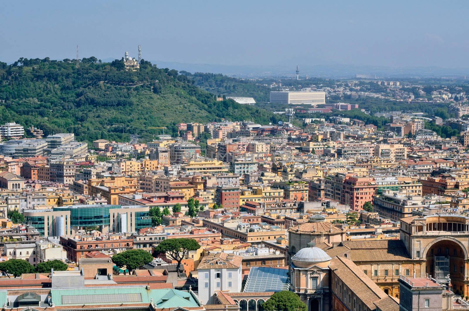 Aerial panorama above of houses rooftops in a Rome