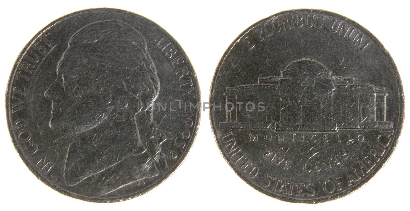 Both sides of an old (1993) US nickel, isolated on a white background.
