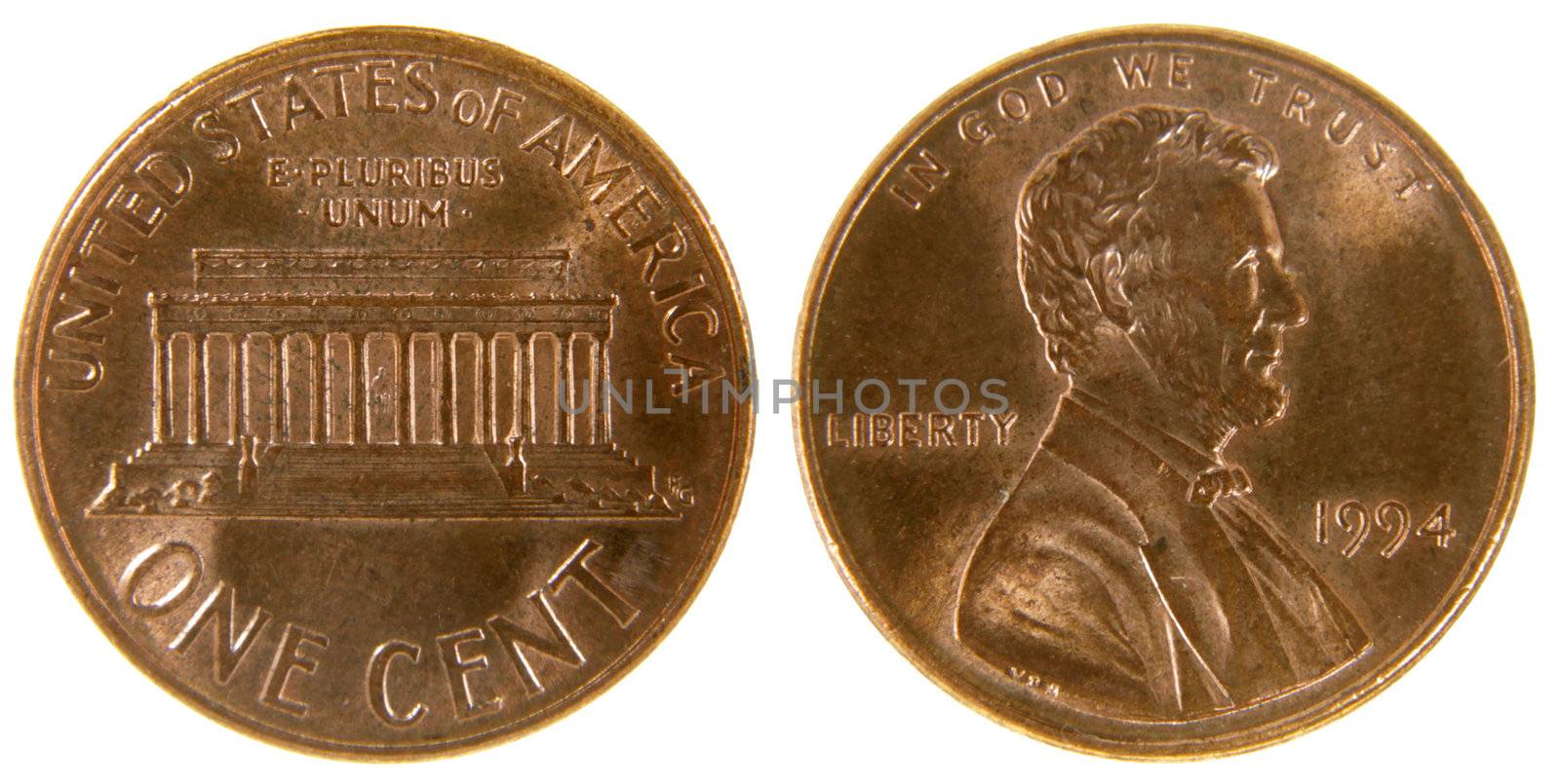 Both sides of a (1994) US penny, isolated on a white background.

