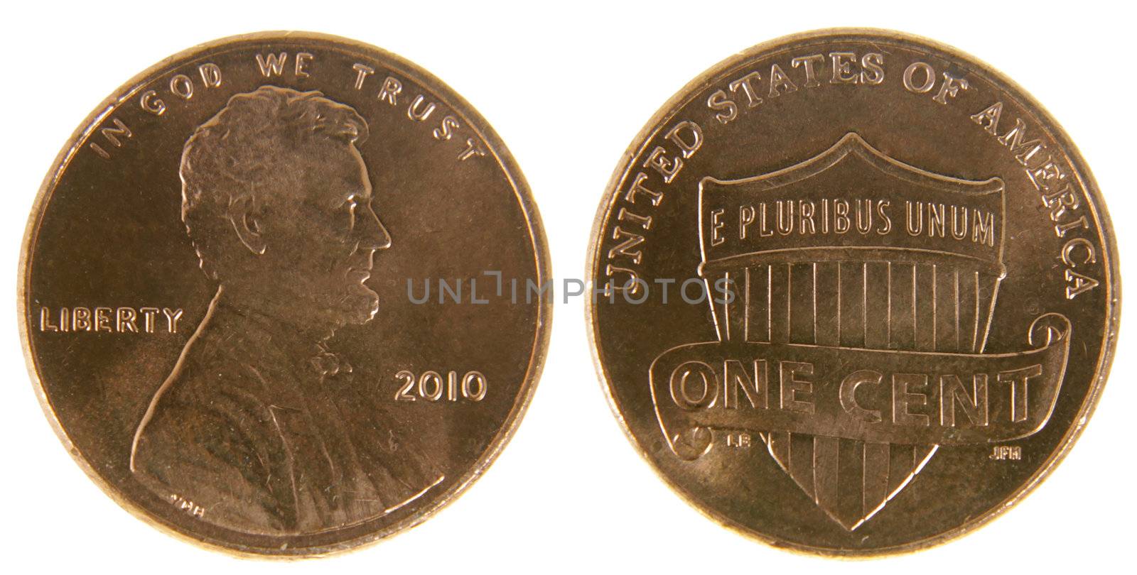 Both sides of a (2010) US penny, isolated on a white background.
