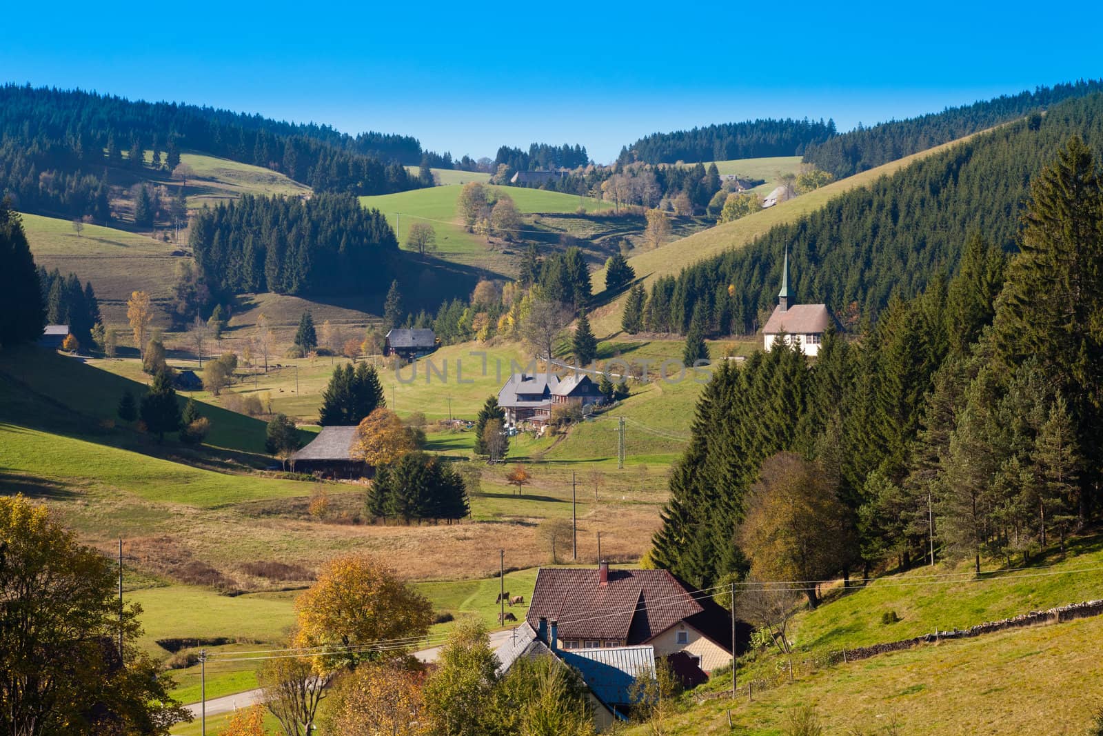 Farmland, farmhouses with cahpel and forested hills in Black Forest, rural Germany.