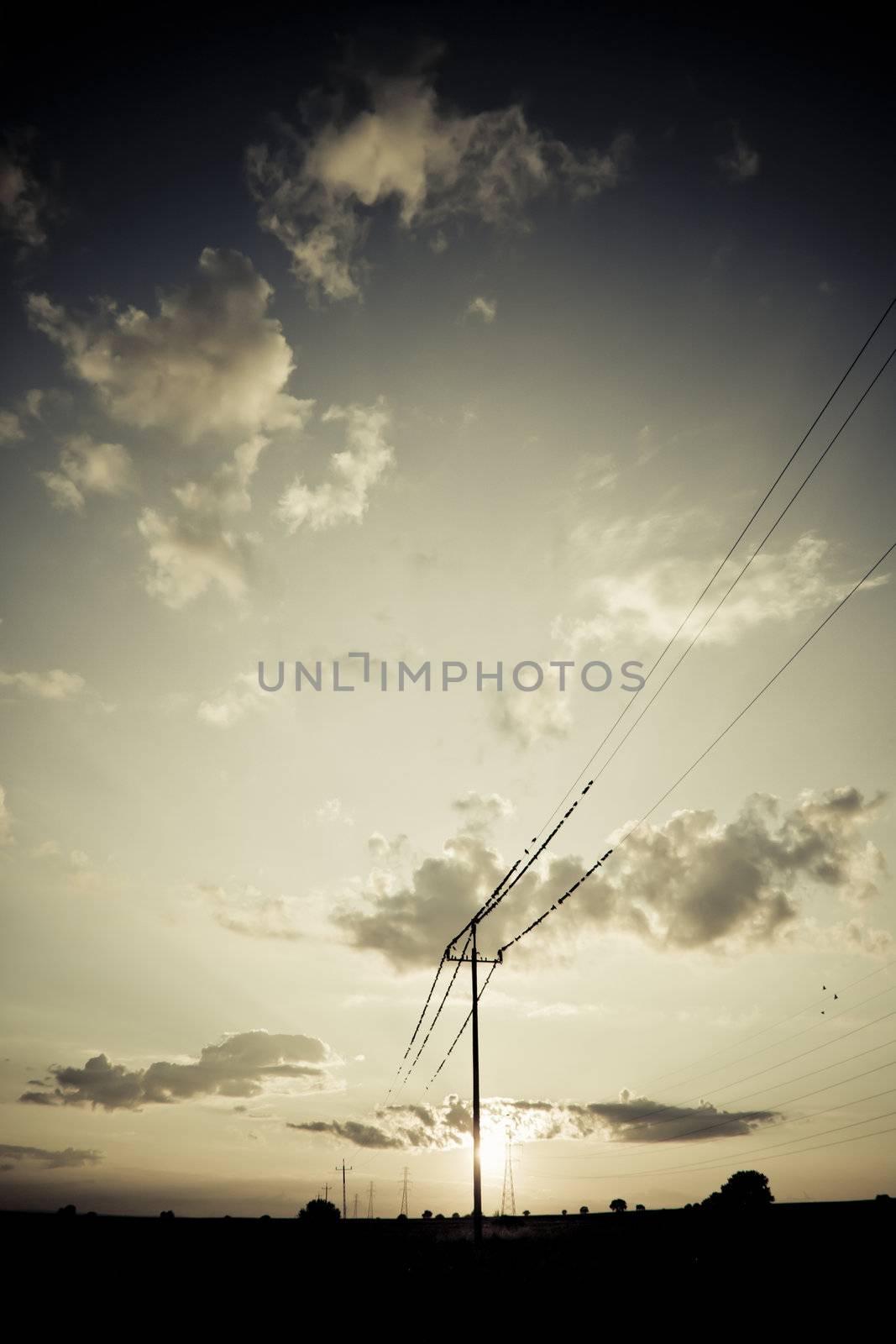 landscape with high tension wires over sky