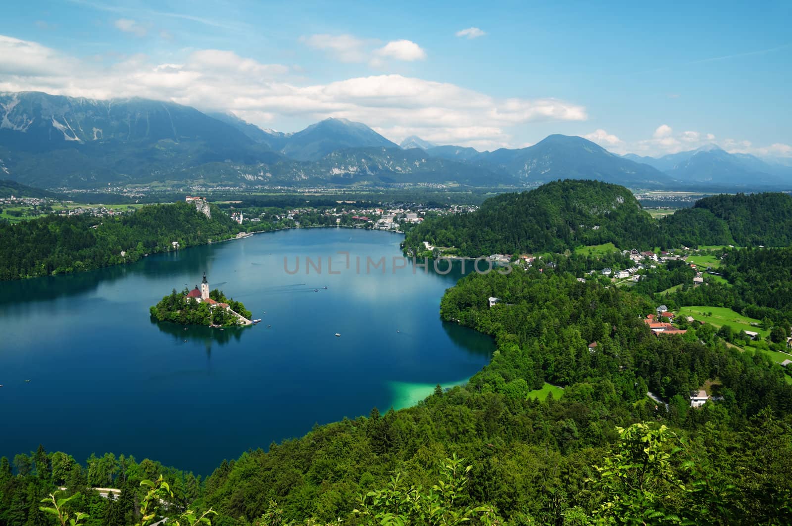 Panoramic view of  St. Mary´s Church of the Assumptionon on a small island in Bled, Slovenia