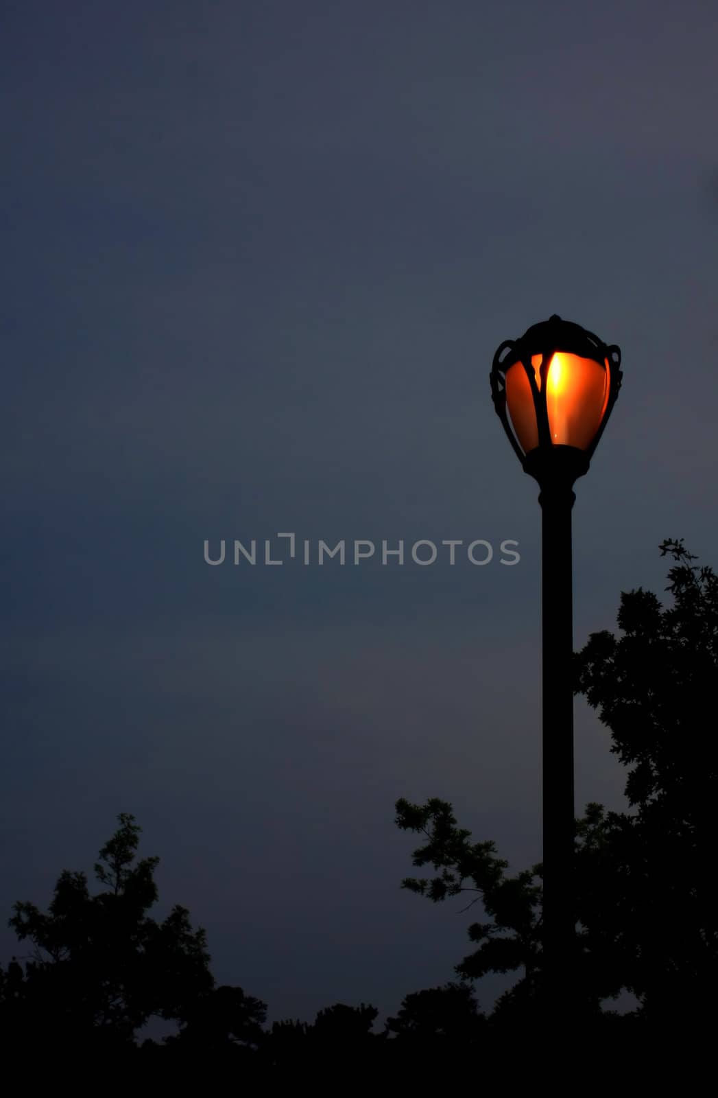 A lit street lamp during dusk, night