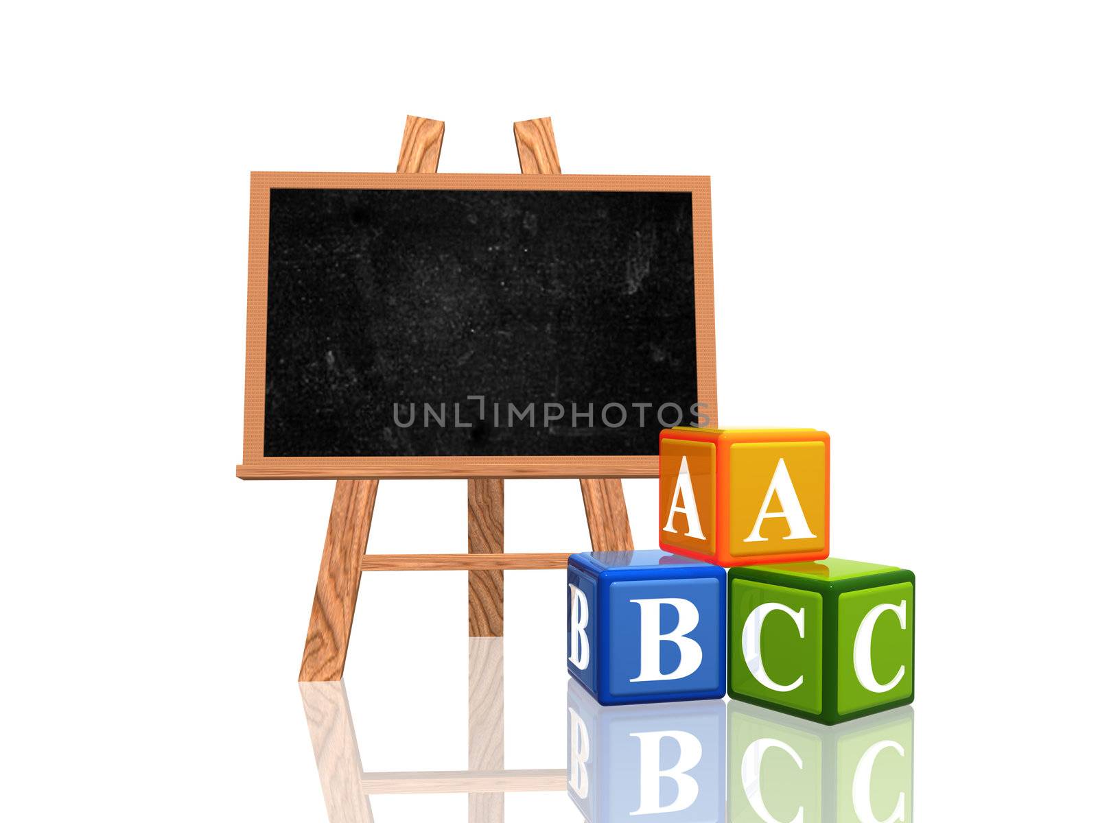 3d wooden blackboard with cubes with letters - abc