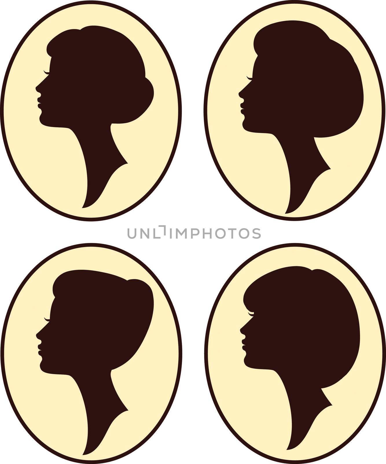 vector beautiful women and girl silhouettes with different hairstyle, set