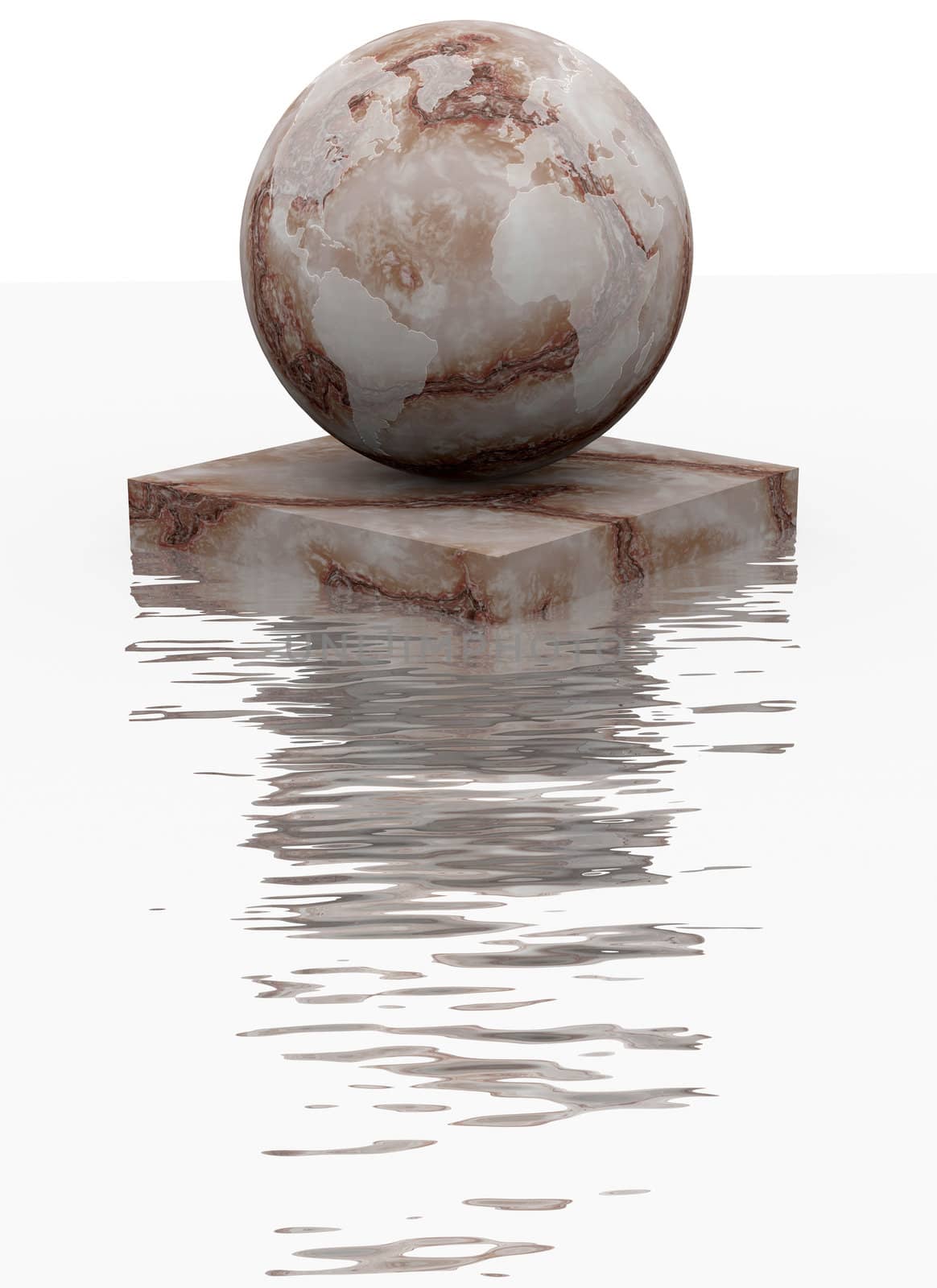 Marble sphere is reflected over water